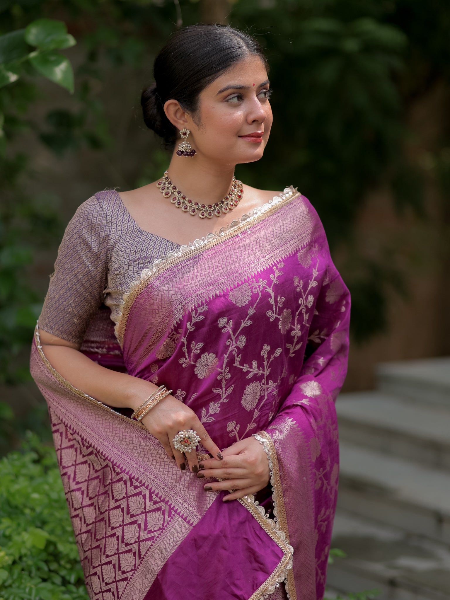 Banarasi Cotton Silk Saree With Floral Weaving & Lace Border- Violet