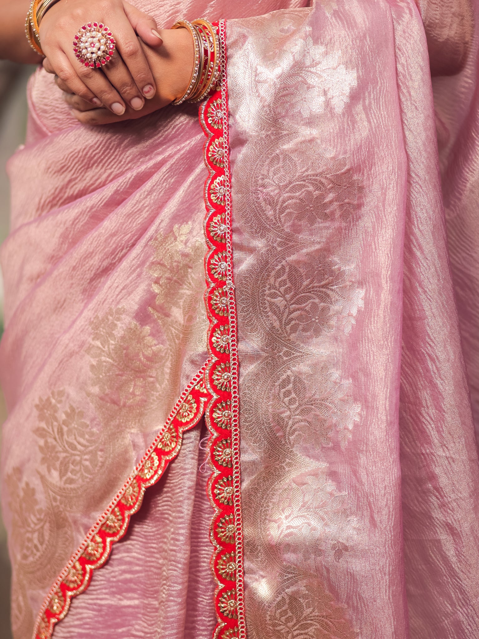 Banarasi Crushed Tissue Saree With Silver Zari Border & Lace- Pink