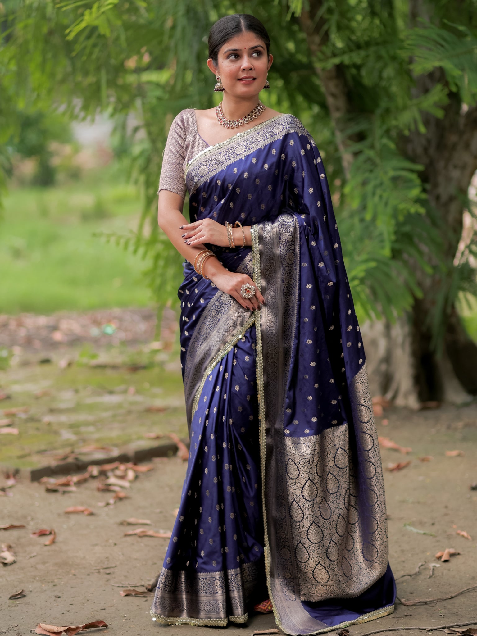 Banarasi Silk Saree With Buti Weaving & Lace Border- Blue