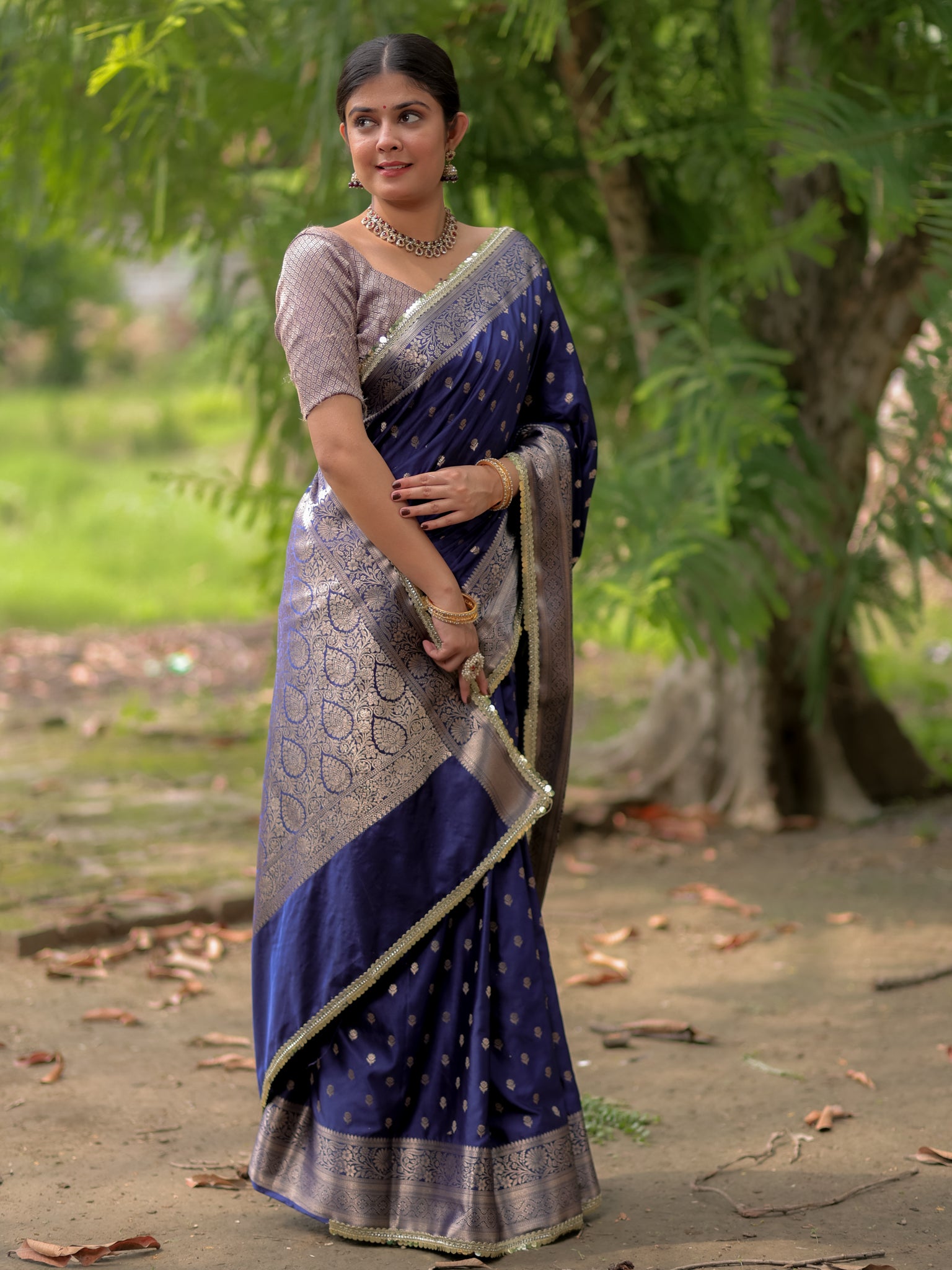 Banarasi Silk Saree With Buti Weaving & Lace Border- Blue