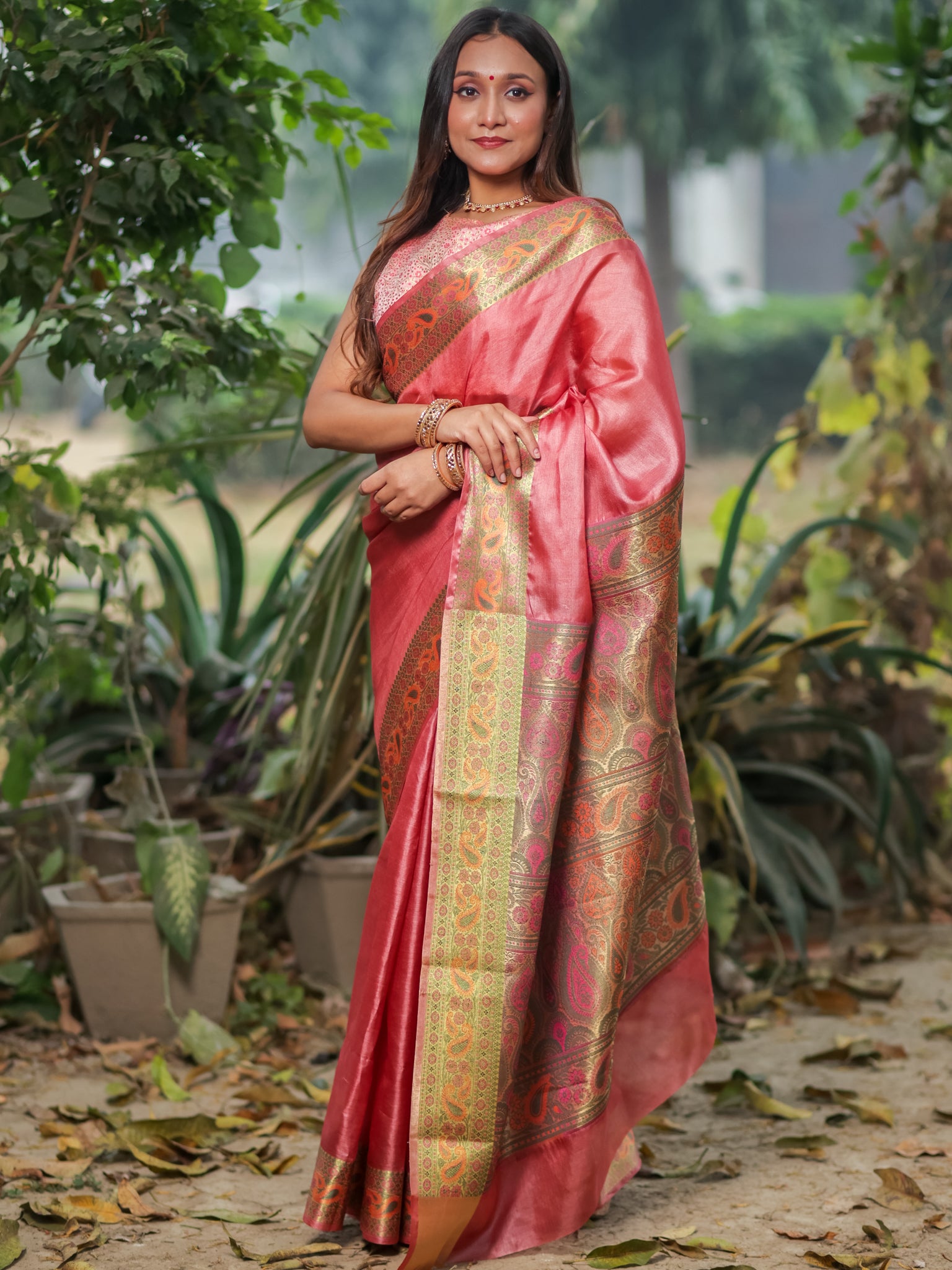 Banarasi Pure Tussar Saree With Resham Weaving Border- Pink