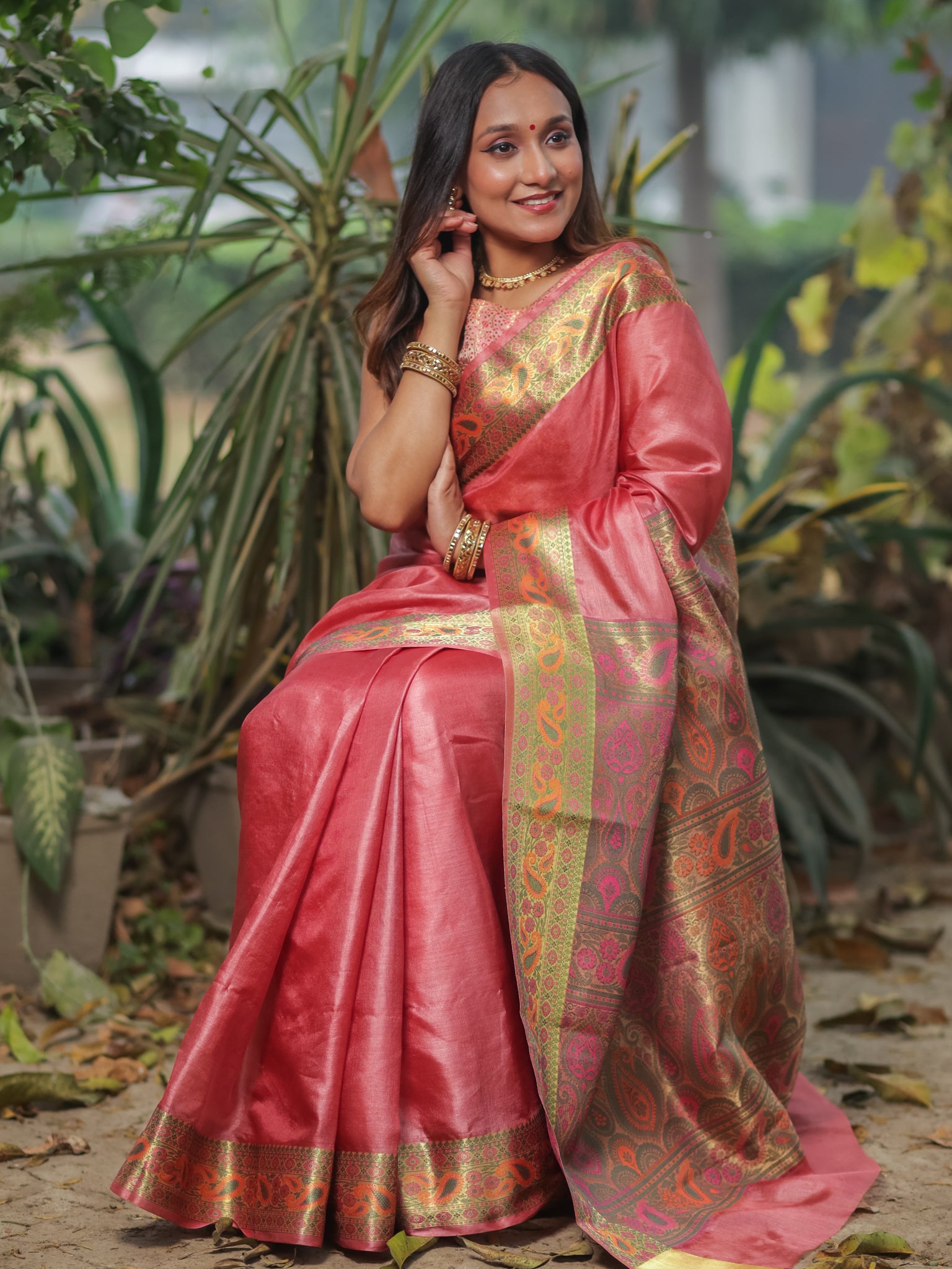 Banarasi Pure Tussar Saree With Resham Weaving Border- Pink