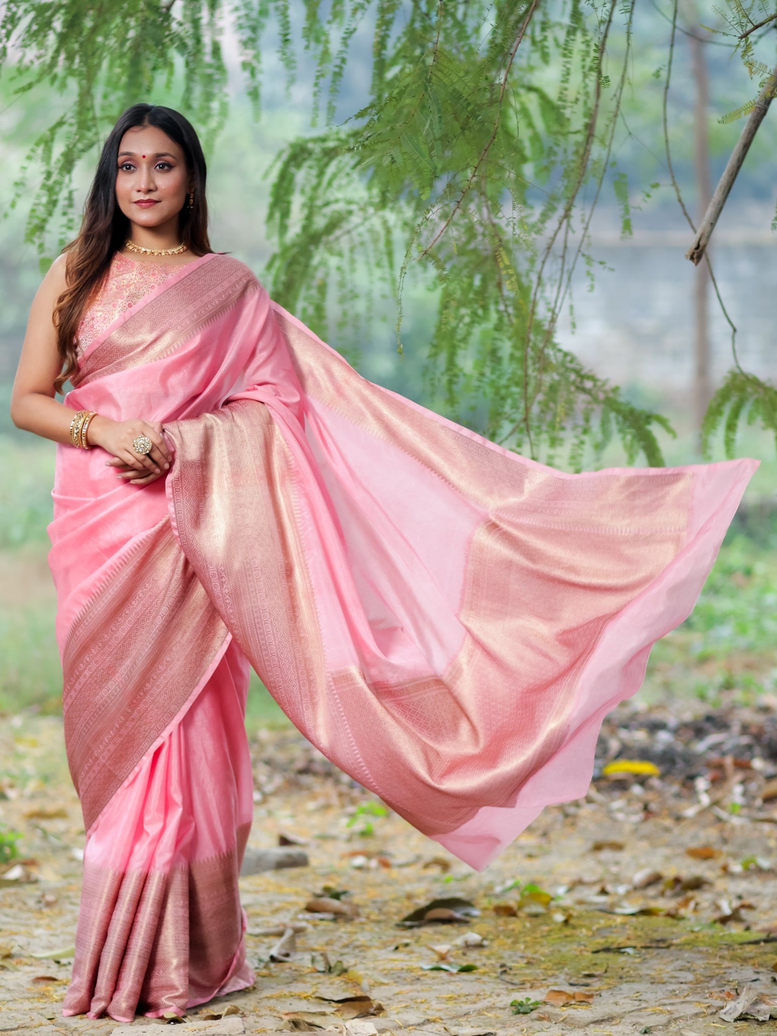 Banarasi Semi Silk Saree With Zari Weaving & Skirt Border-Pink