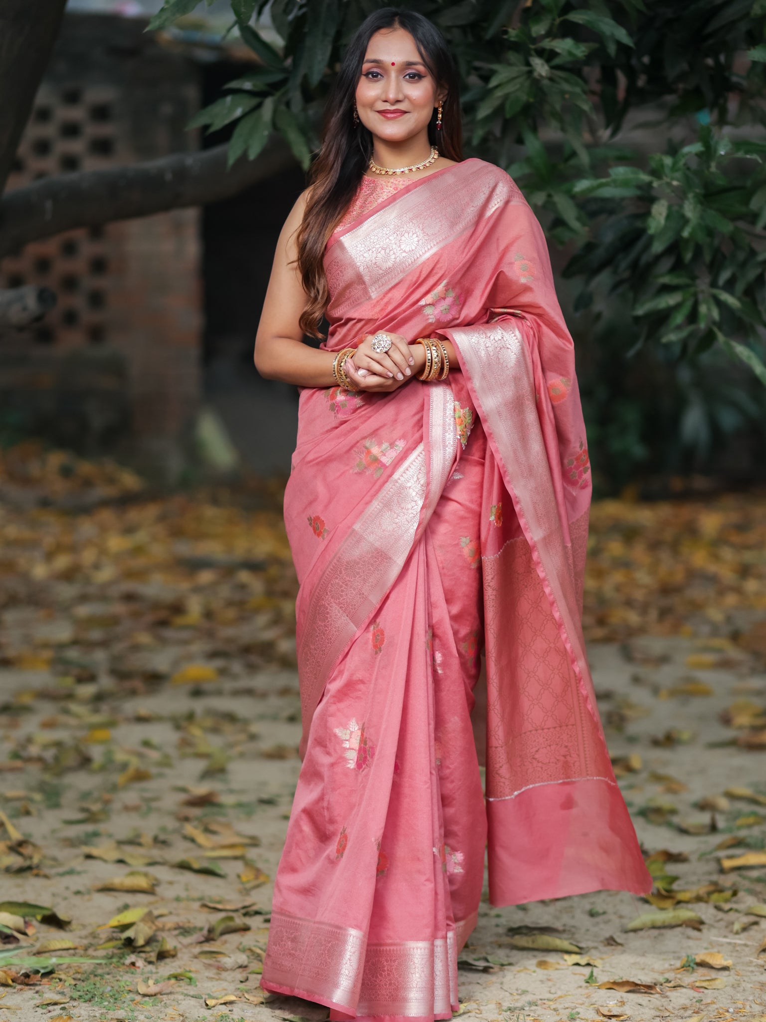 Banarasi Cotton Silk Saree with Floral Weaving & Border- Pink