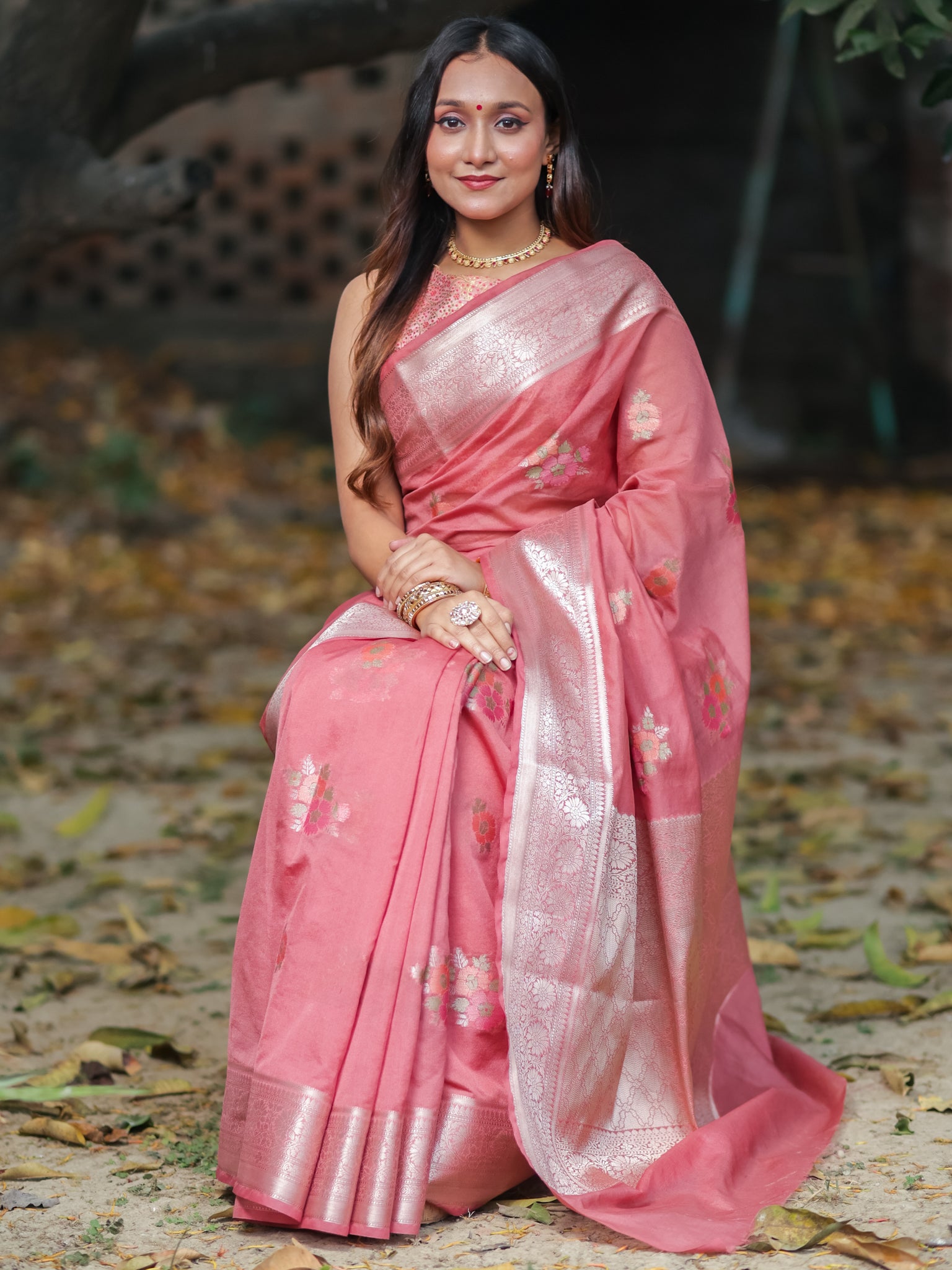 Banarasi Cotton Silk Saree with Floral Weaving & Border- Pink