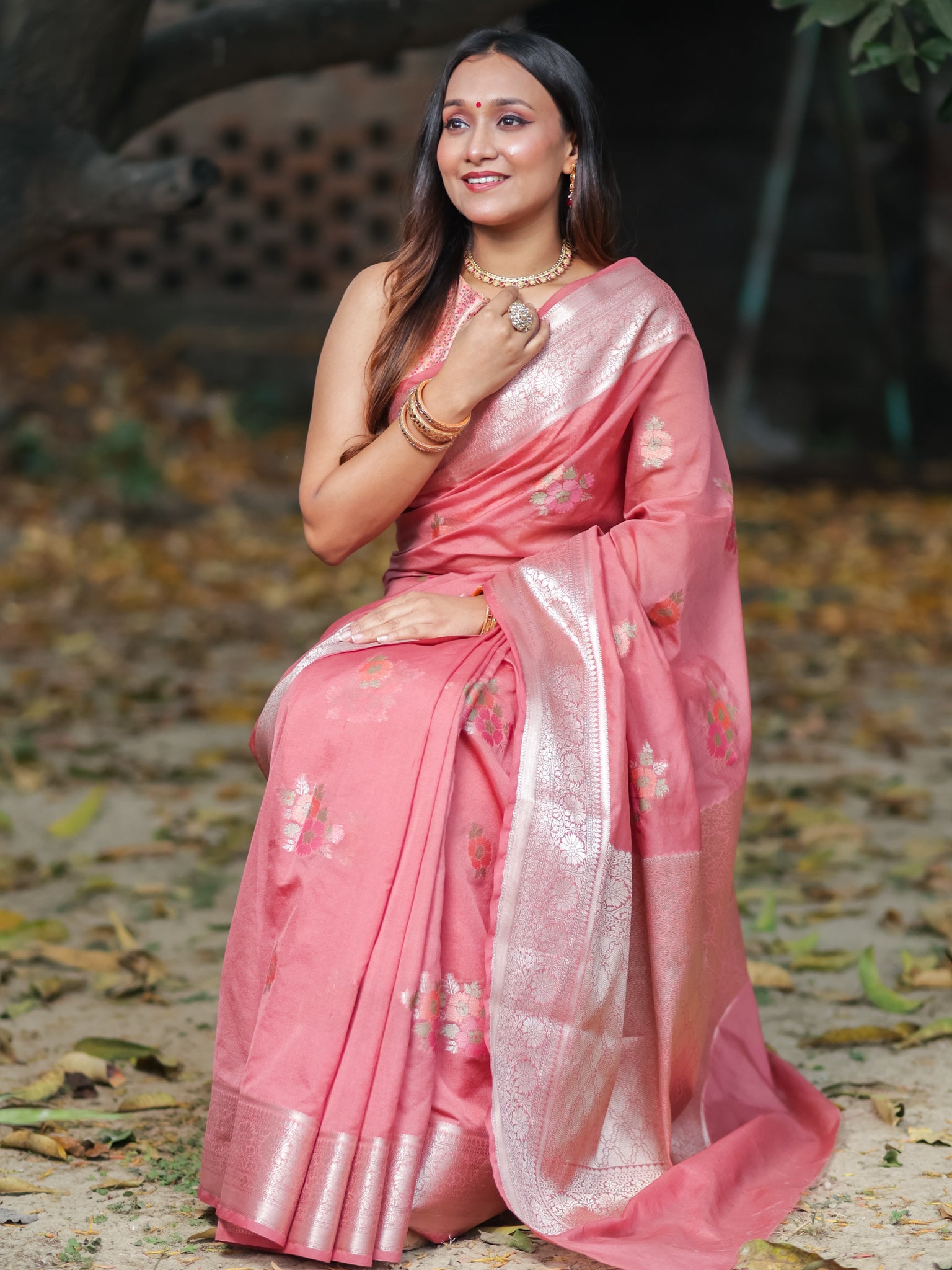 Banarasi Cotton Silk Saree with Floral Weaving & Border- Pink