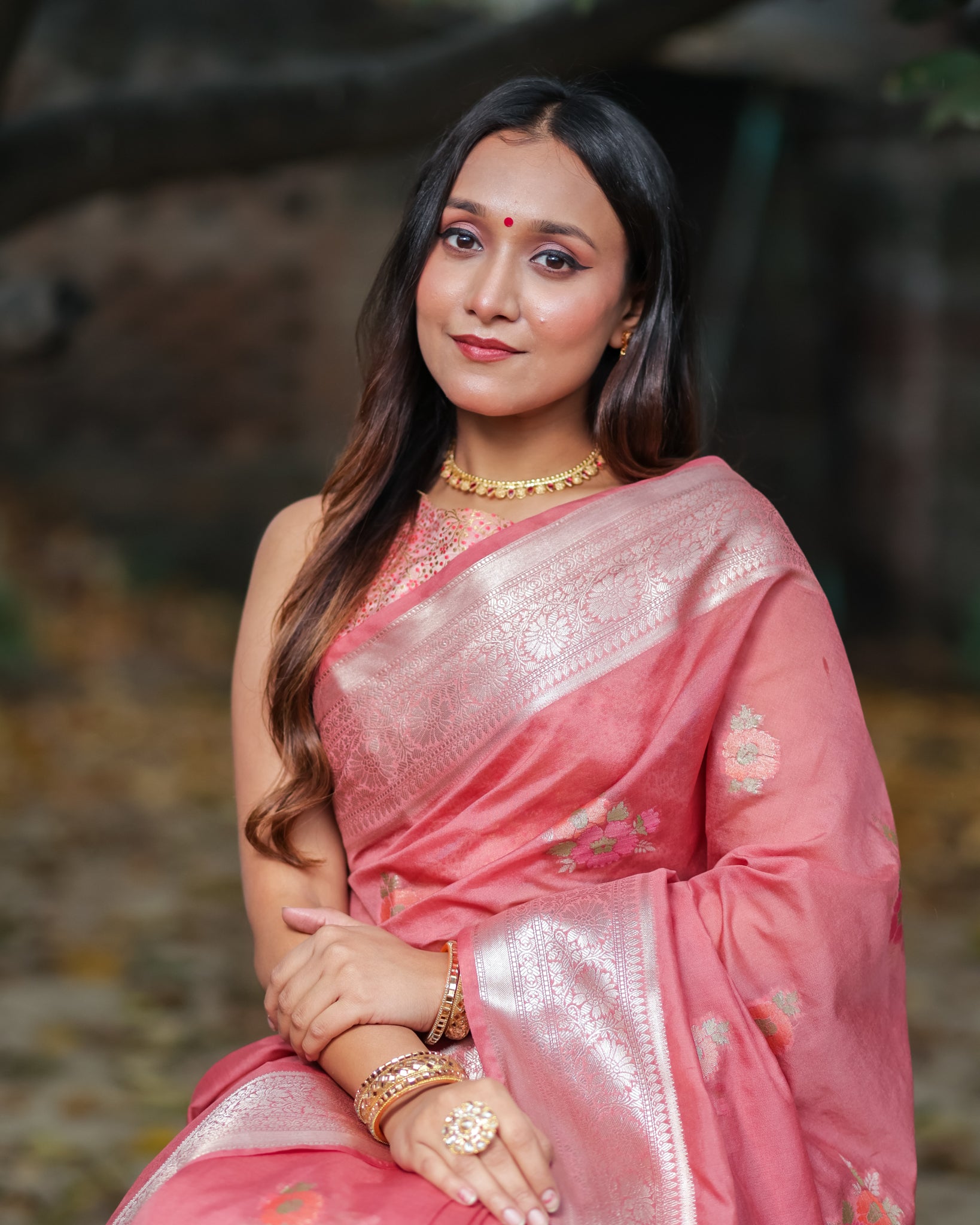 Banarasi Cotton Silk Saree with Floral Weaving & Border- Pink