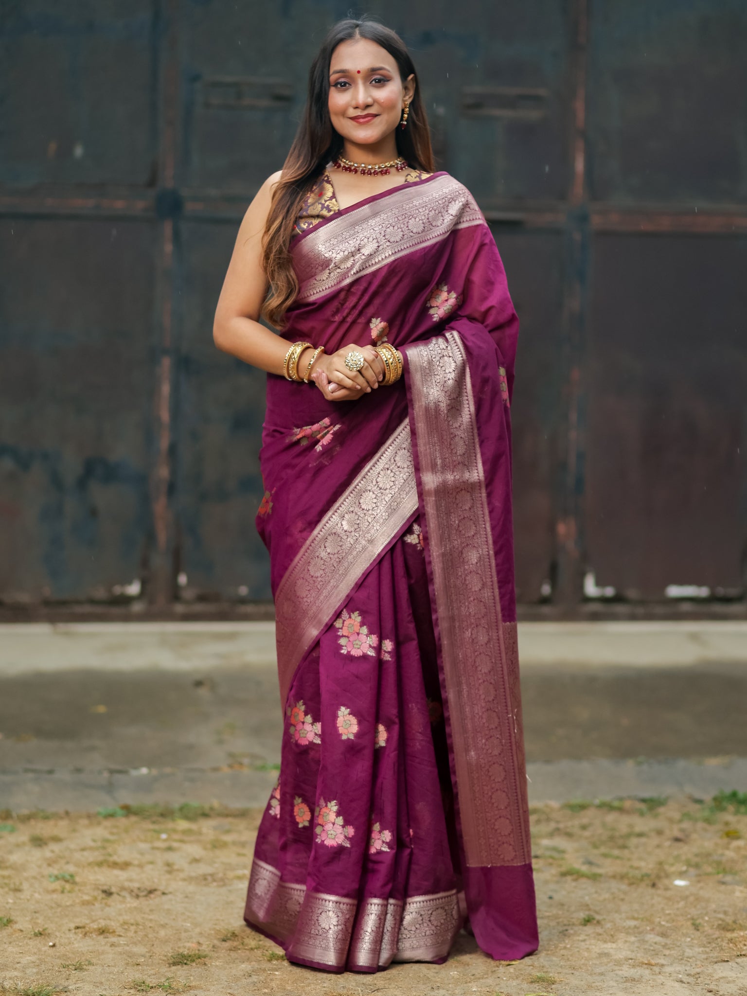 Banarasi Cotton Silk Saree with Floral Weaving & Border- Wine