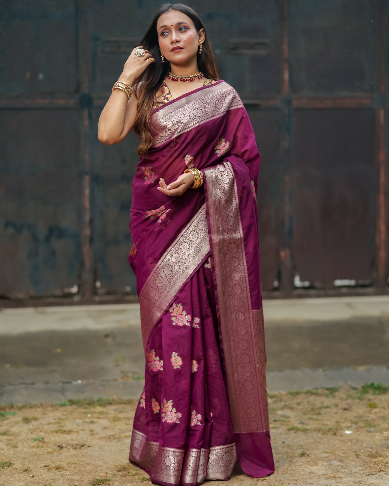 Banarasi Cotton Silk Saree with Floral Weaving & Border- Wine