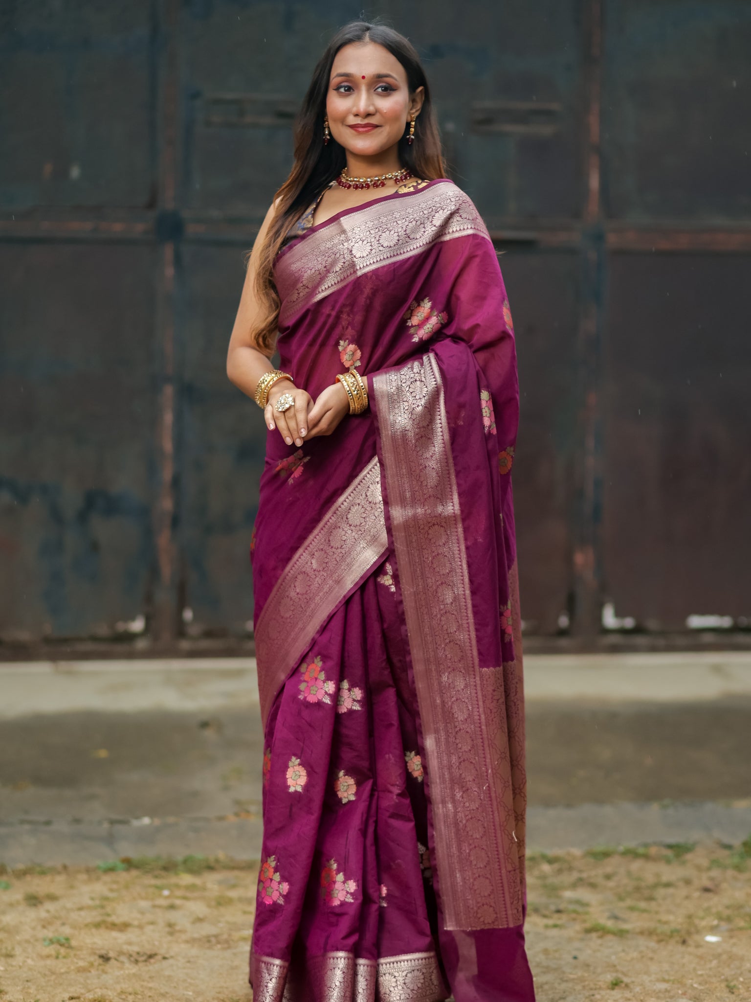 Banarasi Cotton Silk Saree with Floral Weaving & Border- Wine