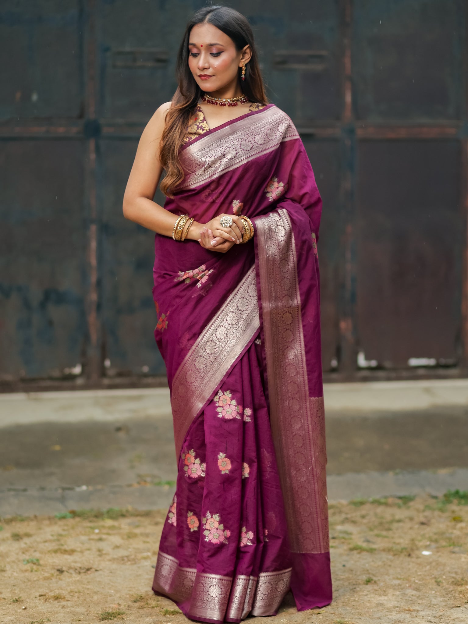 Banarasi Cotton Silk Saree with Floral Weaving & Border- Wine