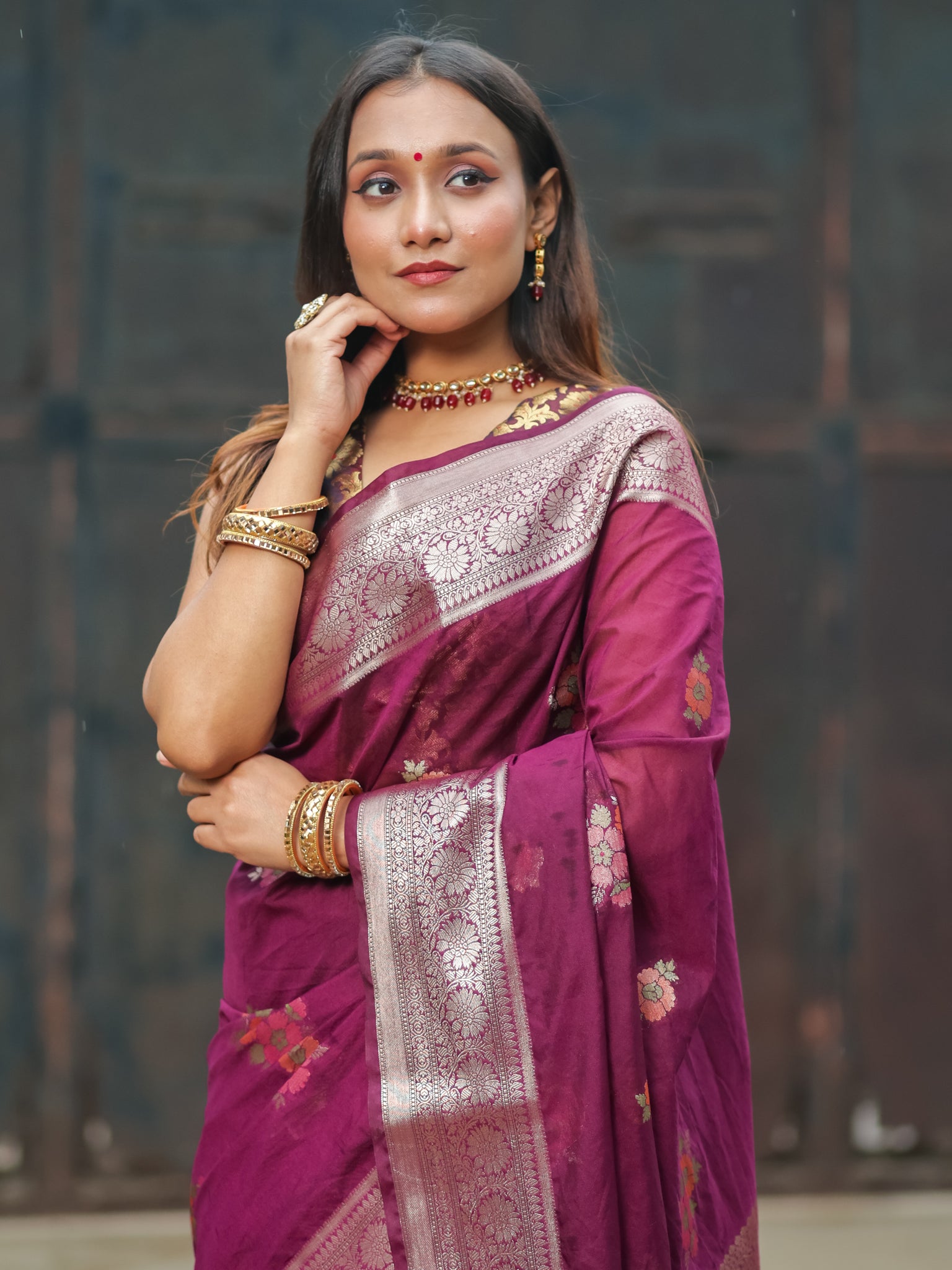 Banarasi Cotton Silk Saree with Floral Weaving & Border- Wine