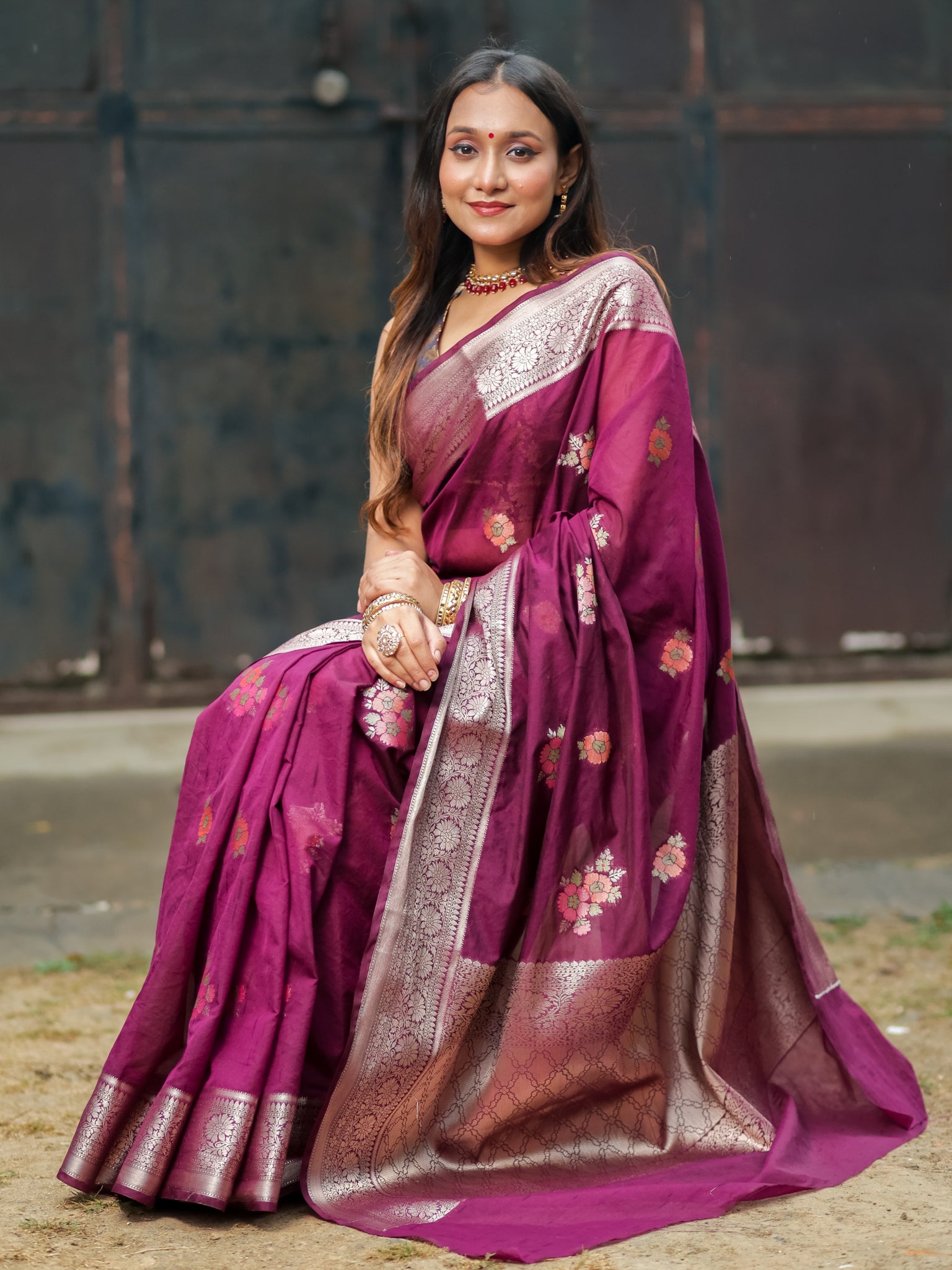 Banarasi Cotton Silk Saree with Floral Weaving & Border- Wine