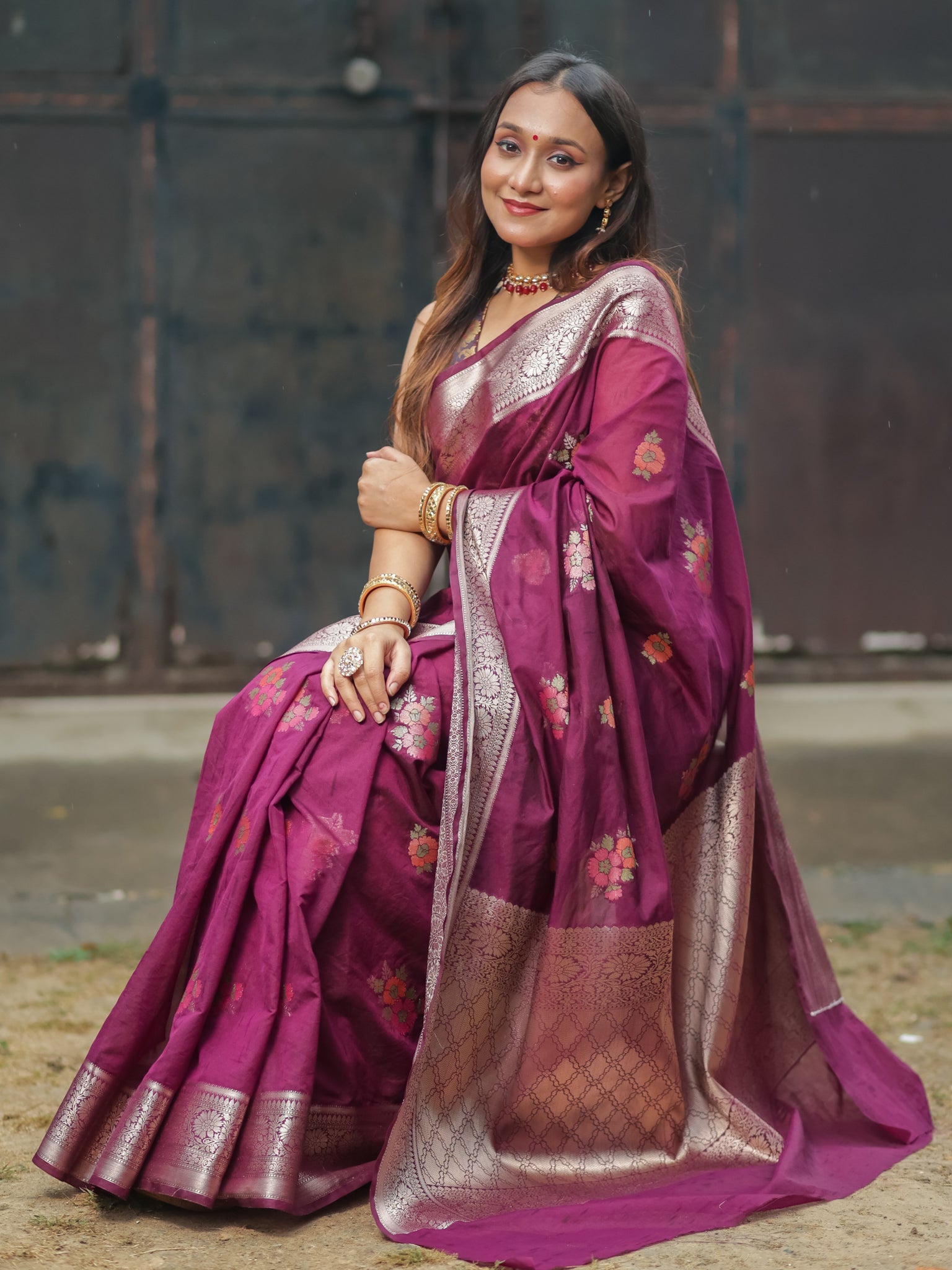 Banarasi Cotton Silk Saree with Floral Weaving & Border- Wine