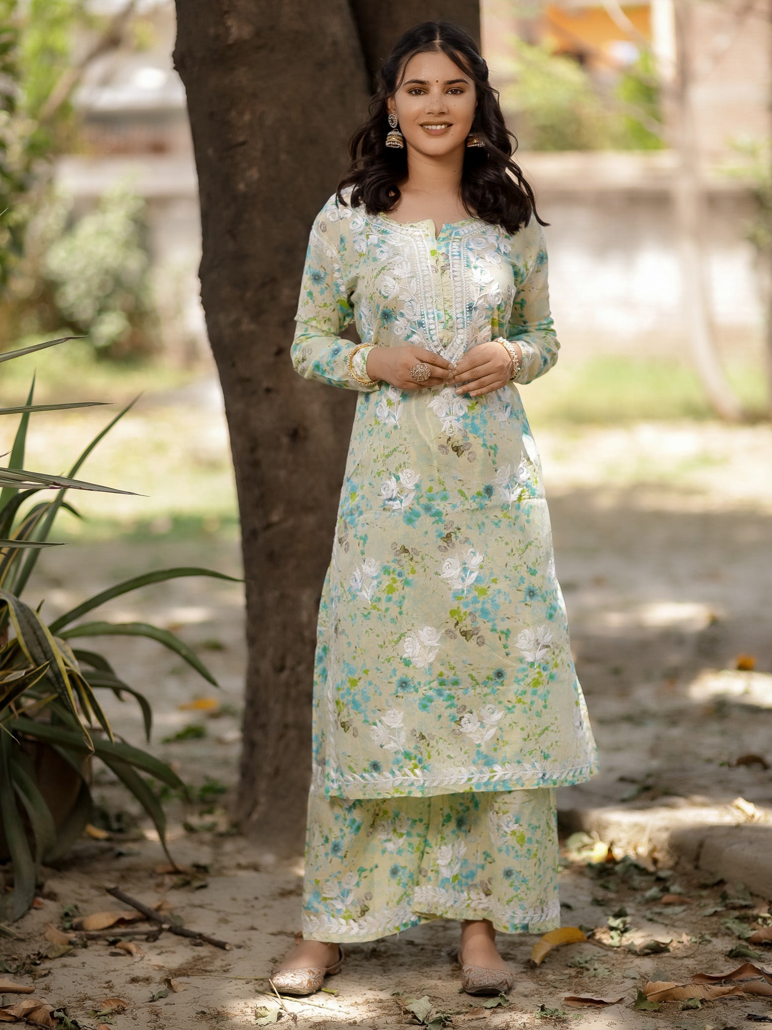 Readymade Chikankari Floral Print Mulmul Kurti-Green