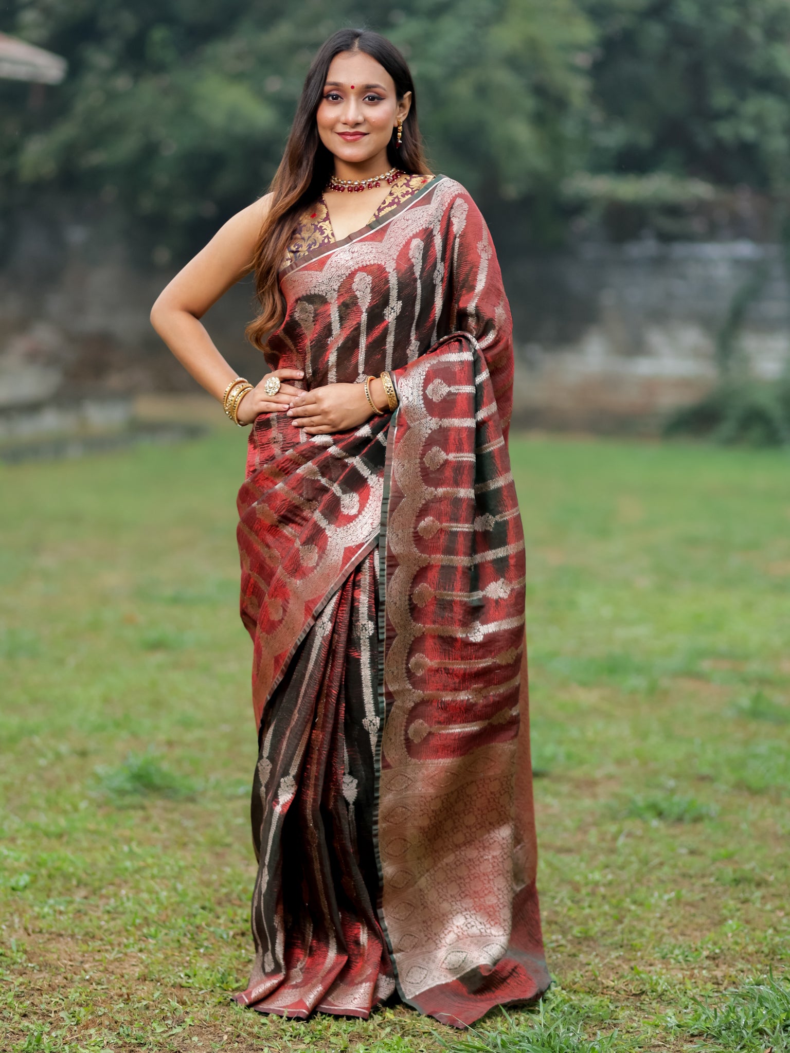 Banarasi Crushed Tissue Saree With Silver Zari & Scallop Border - Coca Cola