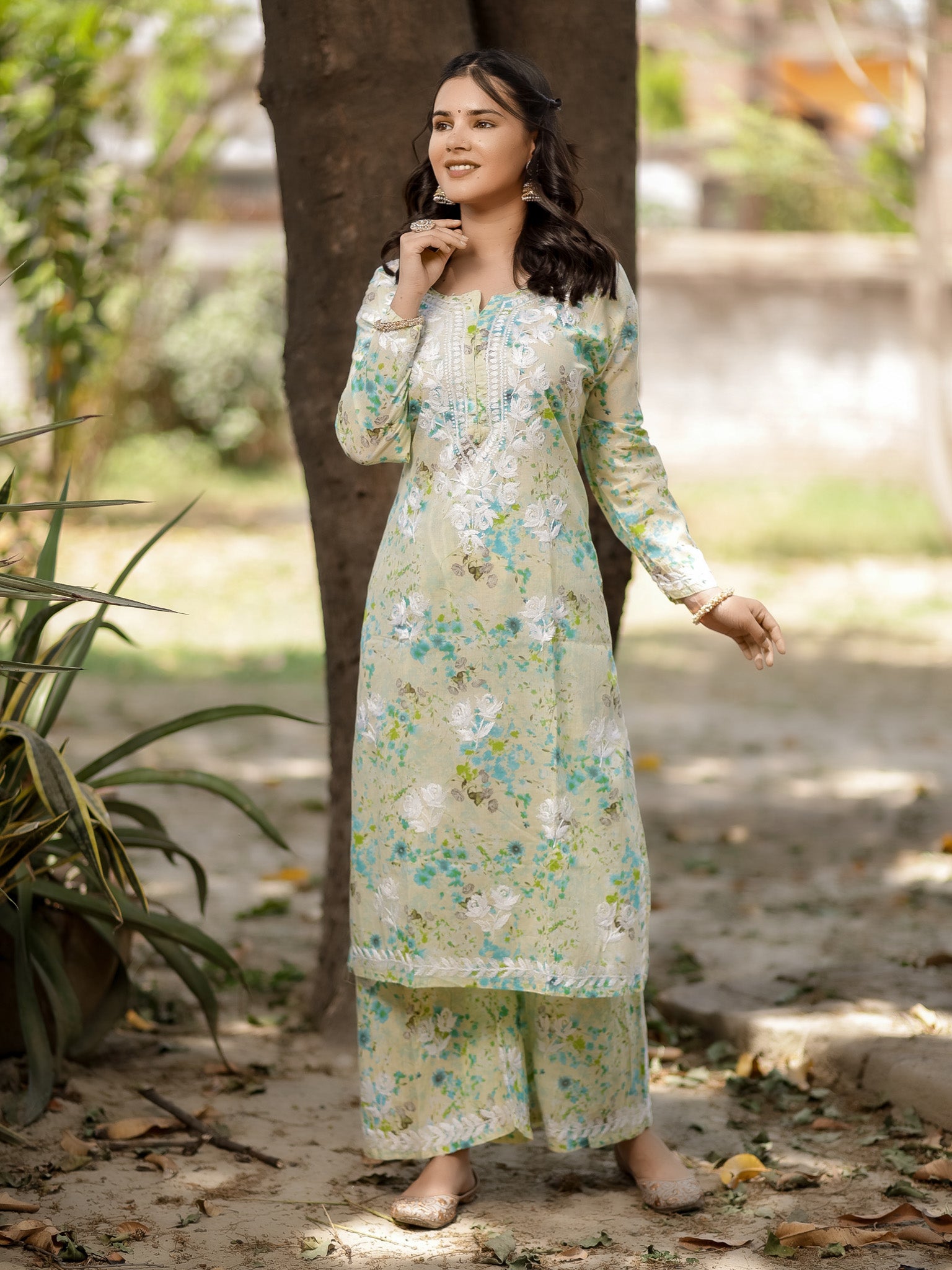 Readymade Chikankari Floral Print Mulmul Kurti-Green