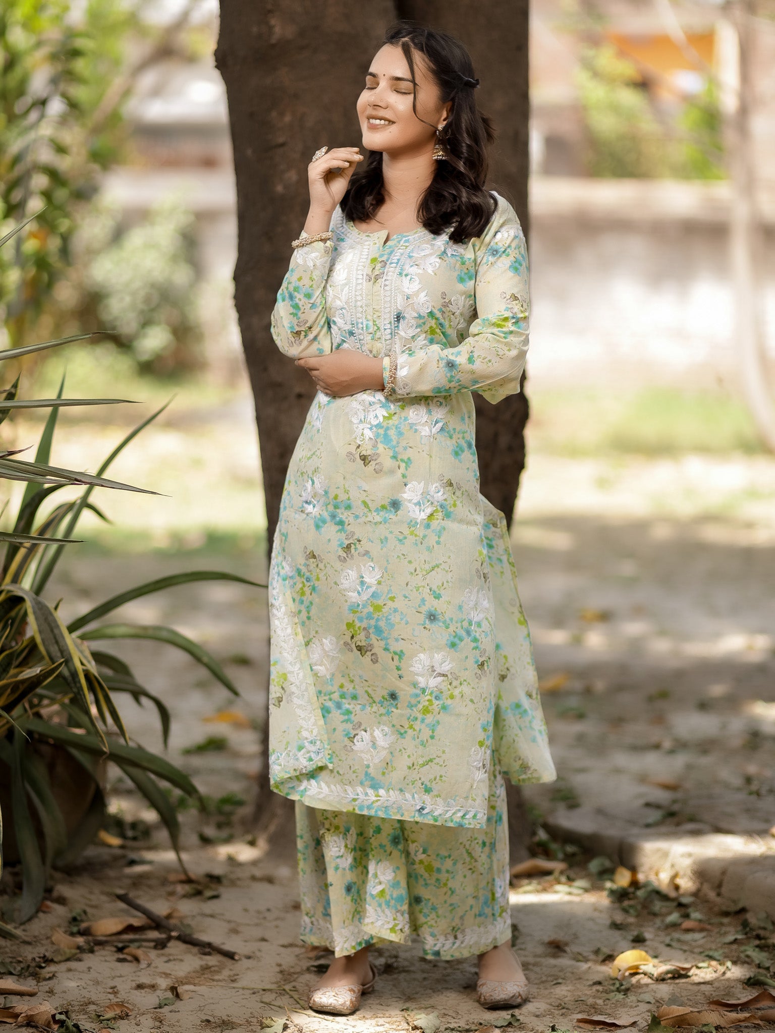 Readymade Chikankari Floral Print Mulmul Kurti-Green