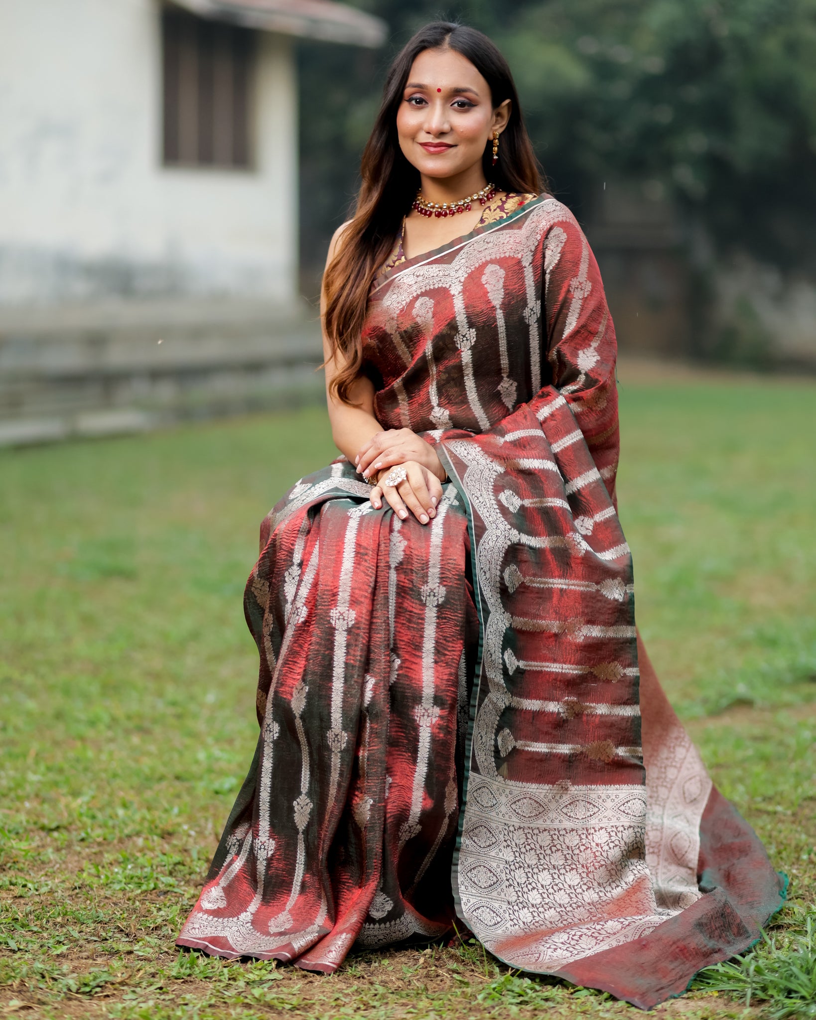 Banarasi Crushed Tissue Saree With Silver Zari & Scallop Border - Coca Cola