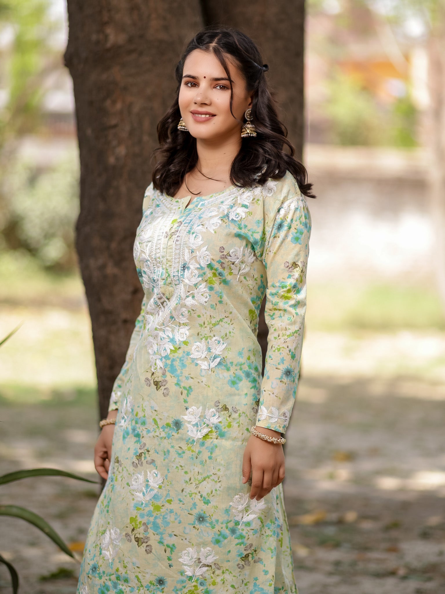 Readymade Chikankari Floral Print Mulmul Kurti-Green