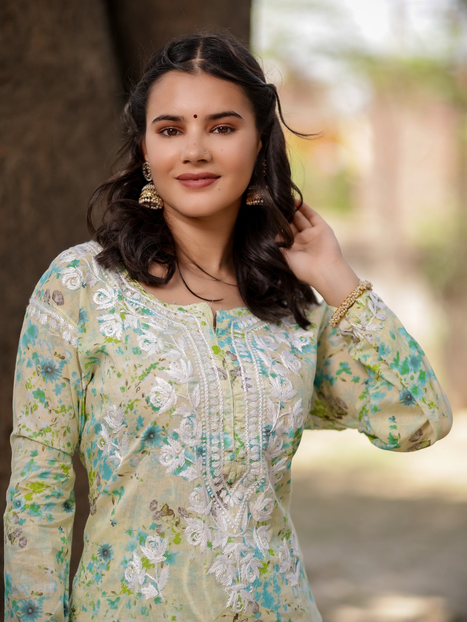 Readymade Chikankari Floral Print Mulmul Kurti-Green