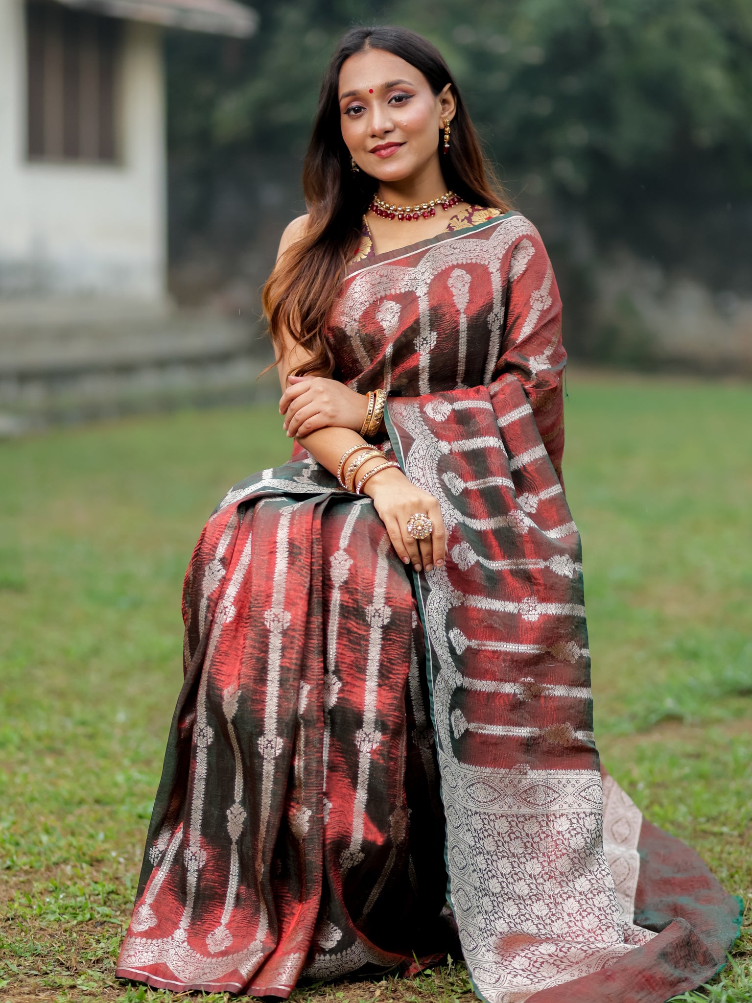 Banarasi Crushed Tissue Saree With Silver Zari & Scallop Border - Coca Cola