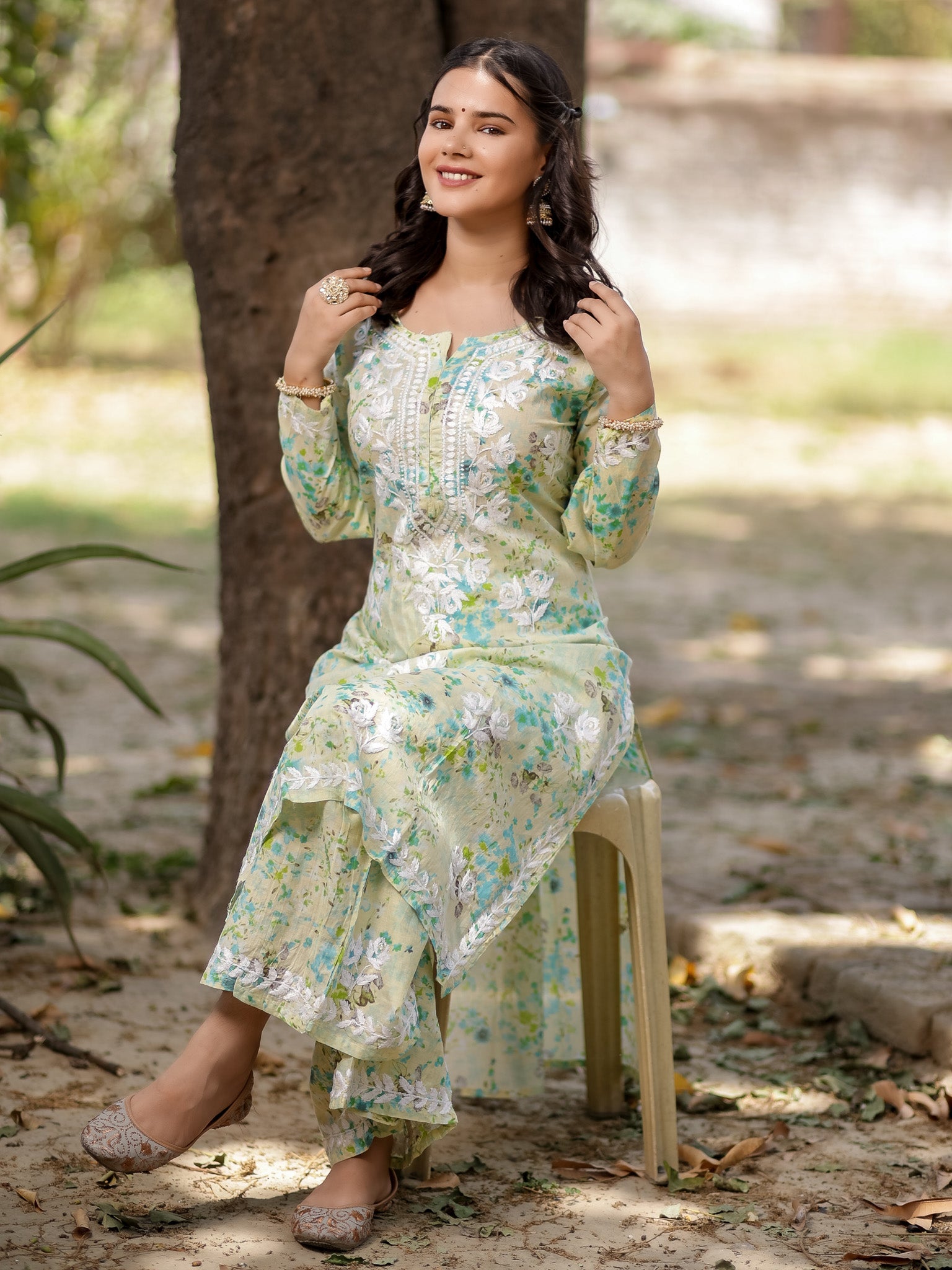 Readymade Chikankari Floral Print Mulmul Kurti-Green