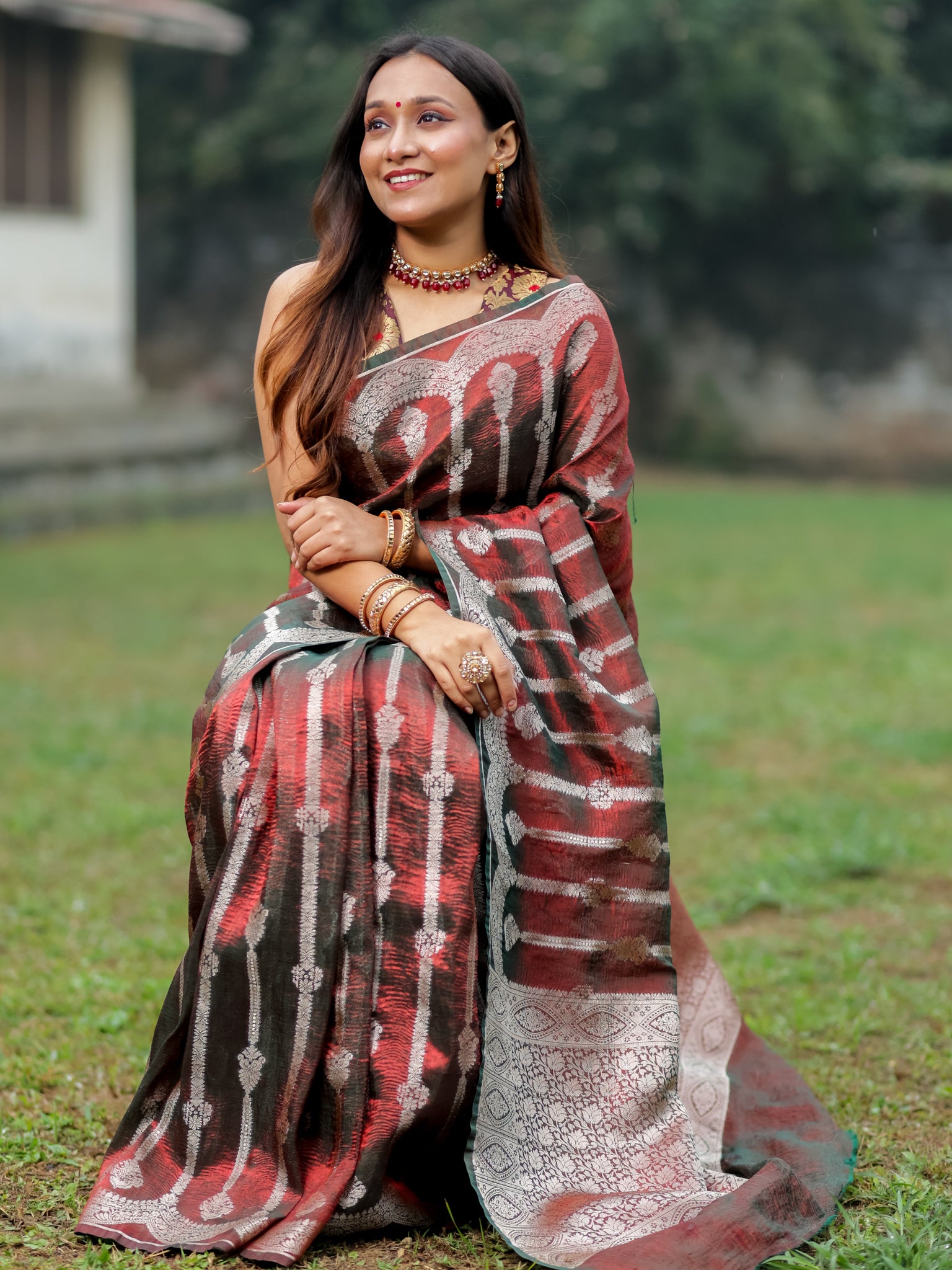 Banarasi Crushed Tissue Saree With Silver Zari & Scallop Border - Coca Cola