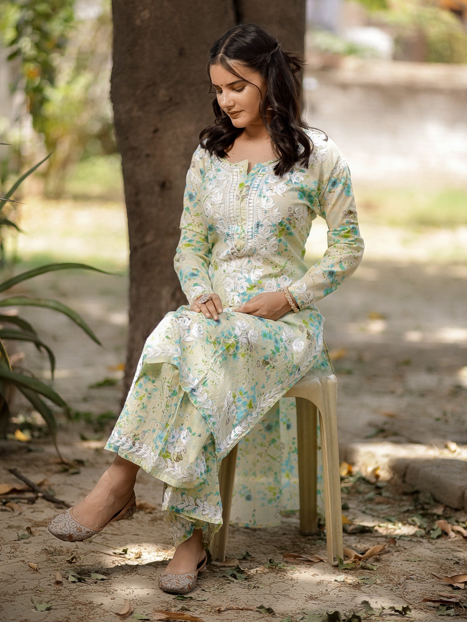 Readymade Chikankari Floral Print Mulmul Kurti-Green