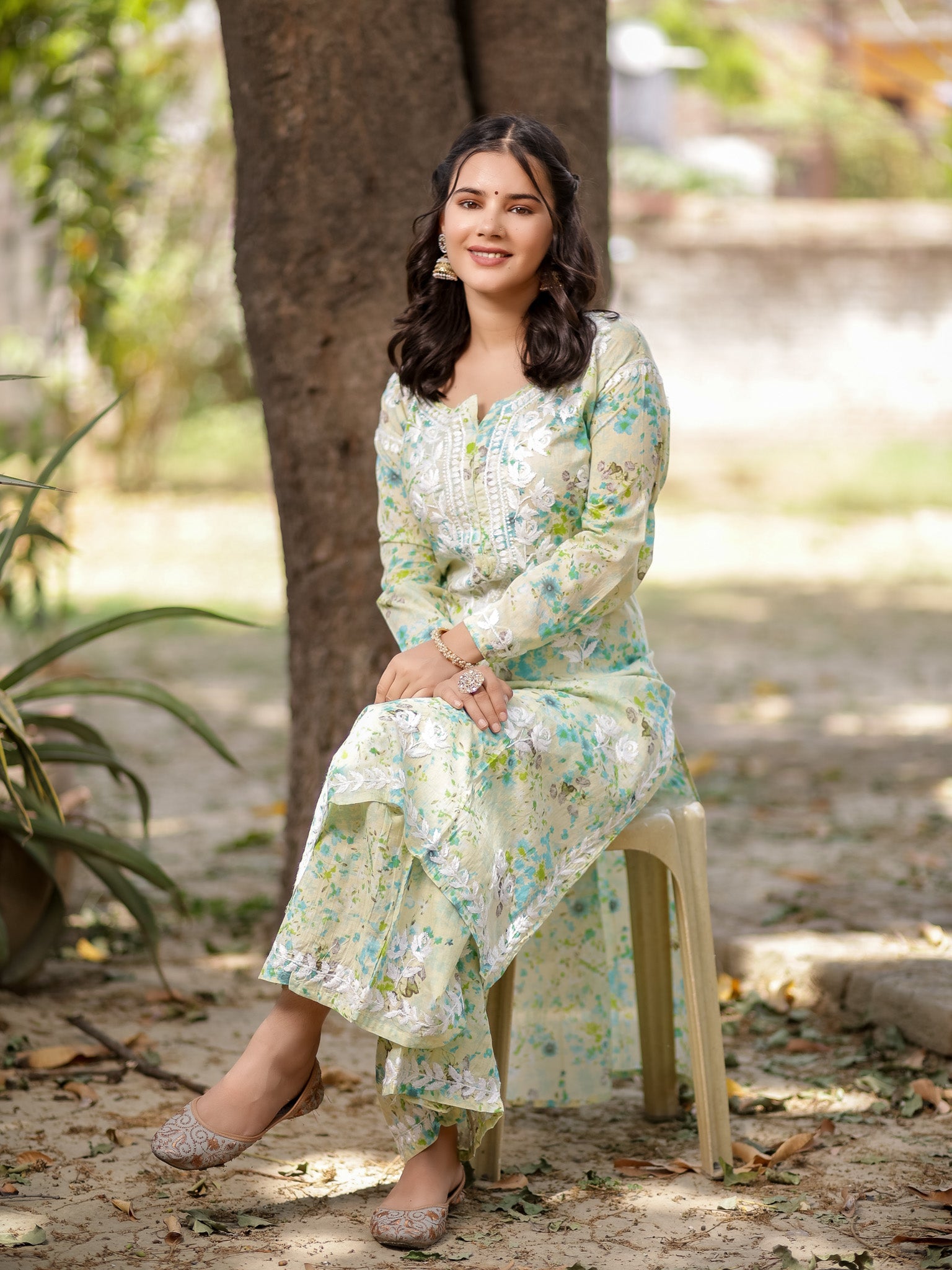 Readymade Chikankari Floral Print Mulmul Kurti-Green