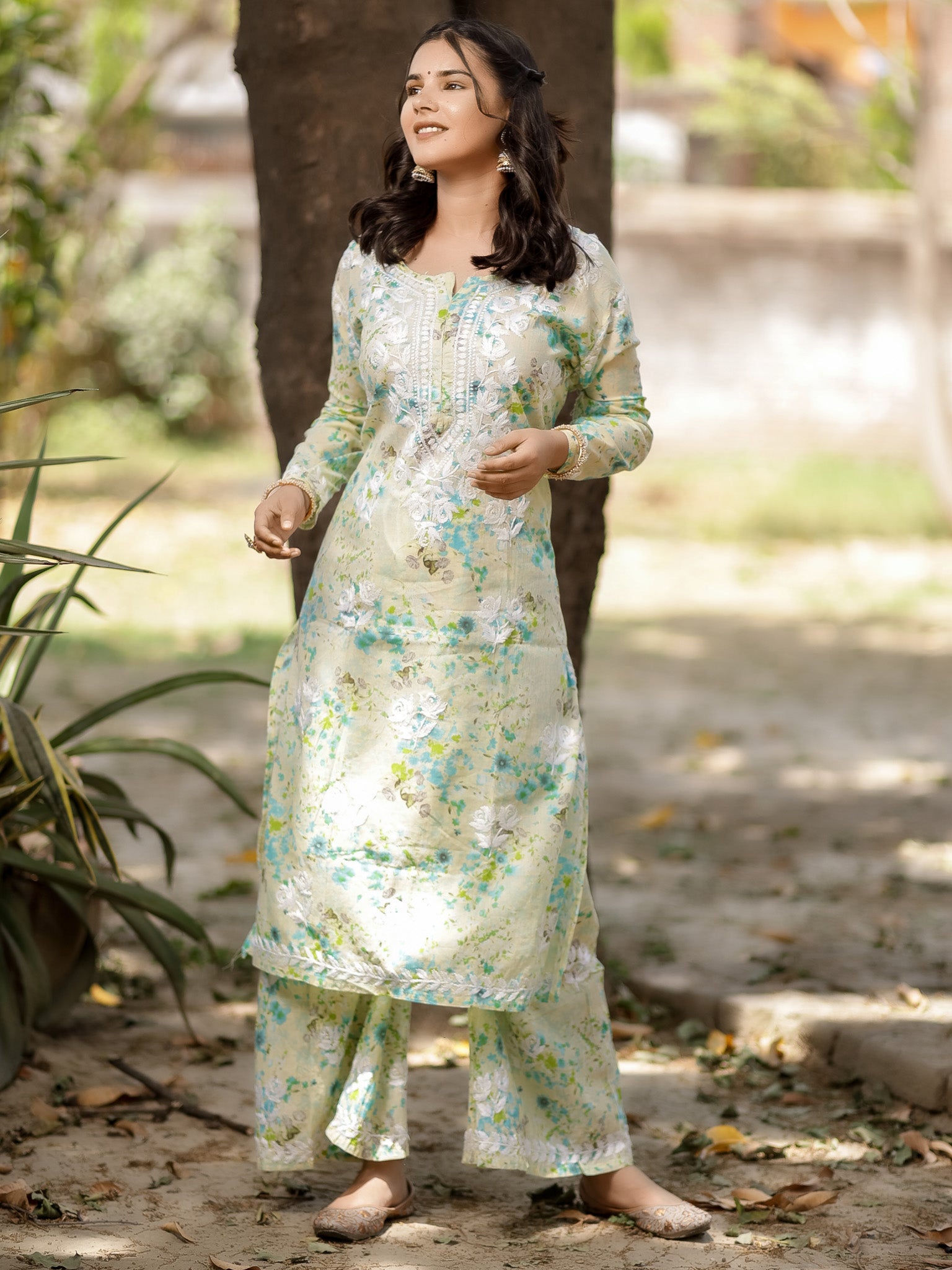 Readymade Chikankari Floral Print Mulmul Kurti-Green