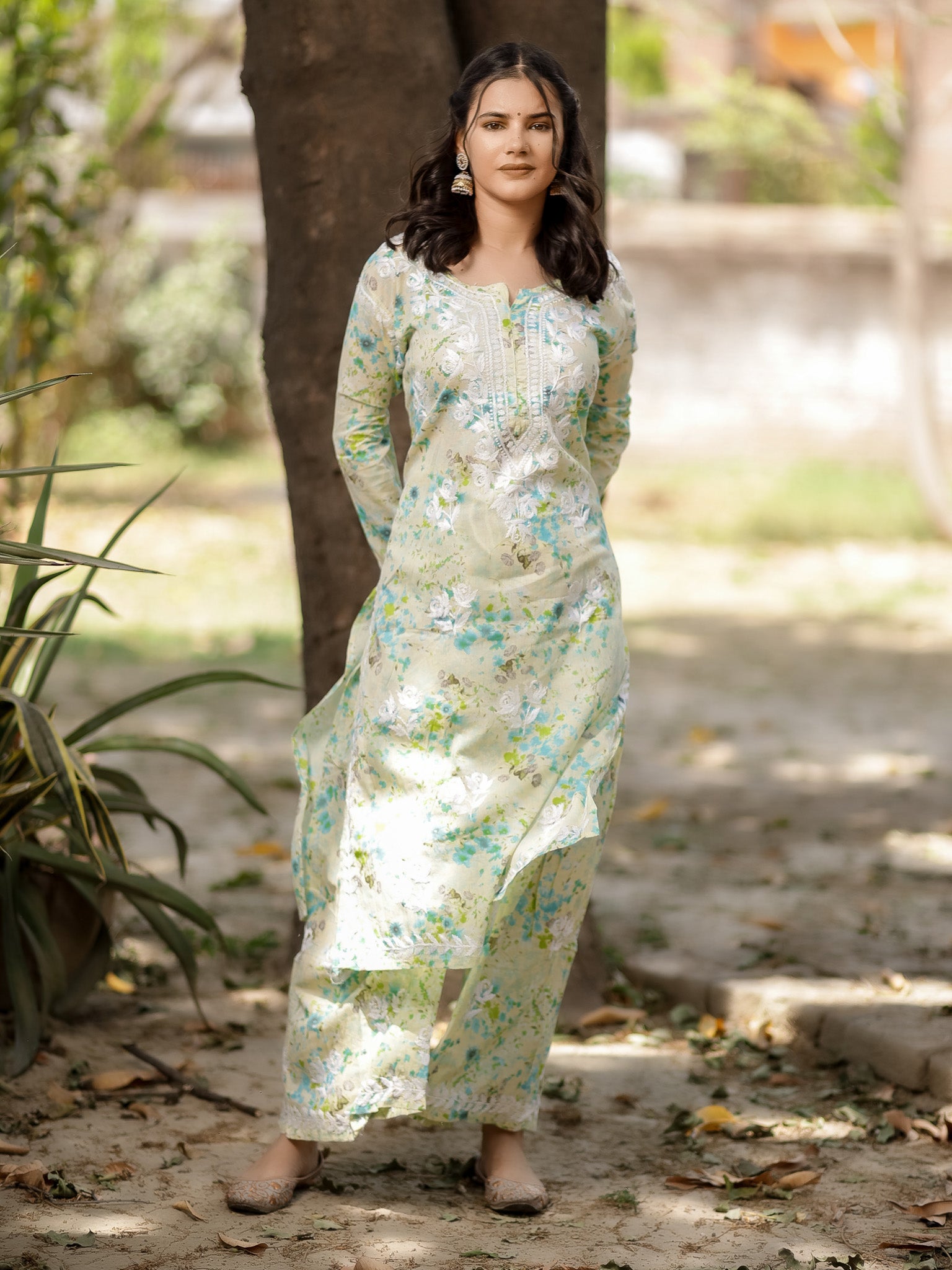 Readymade Chikankari Floral Print Mulmul Kurti-Green