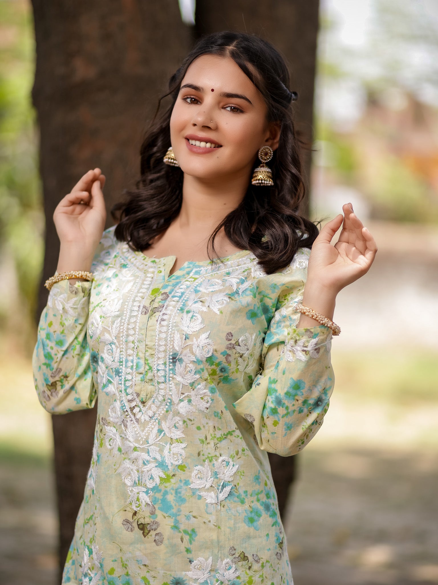 Readymade Chikankari Floral Print Mulmul Kurti-Green