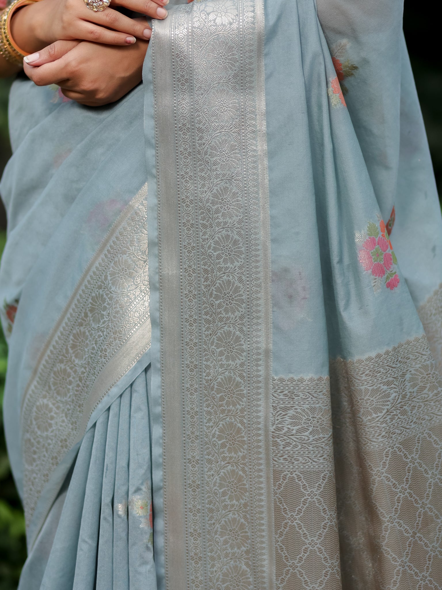 Banarasi Cotton Silk Saree with Floral Weaving & Border- Grey