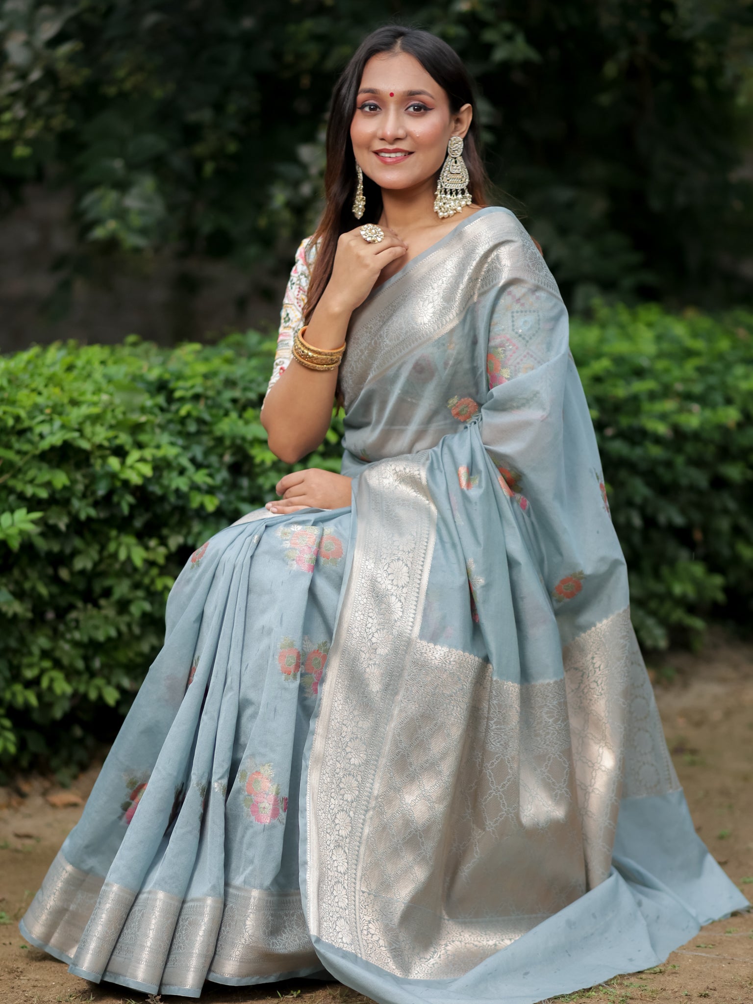 Banarasi Cotton Silk Saree with Floral Weaving & Border- Grey