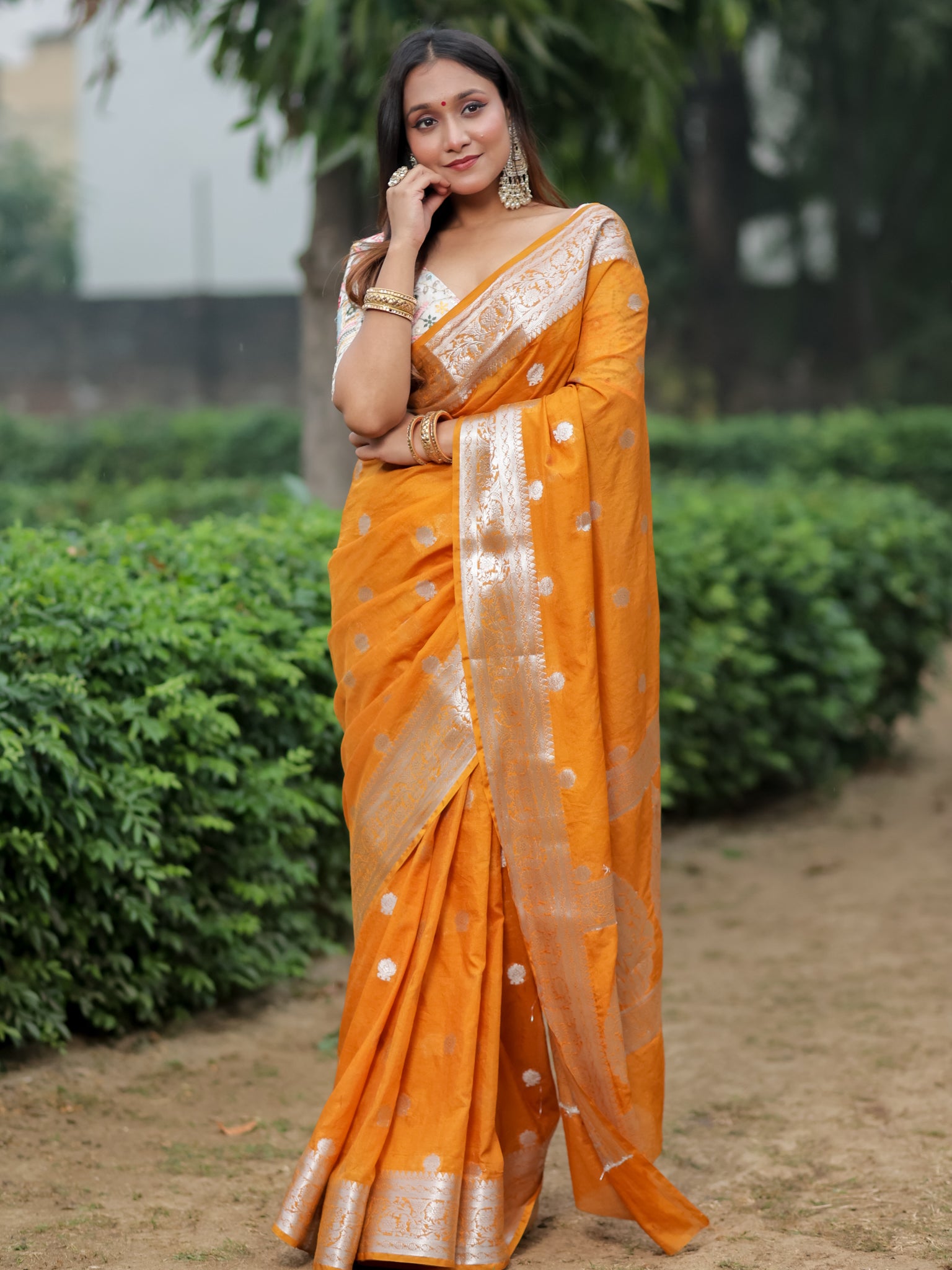 Banarasi  Semi Chiffon Saree Silver Zari Buti Weaving With Border- Yellow