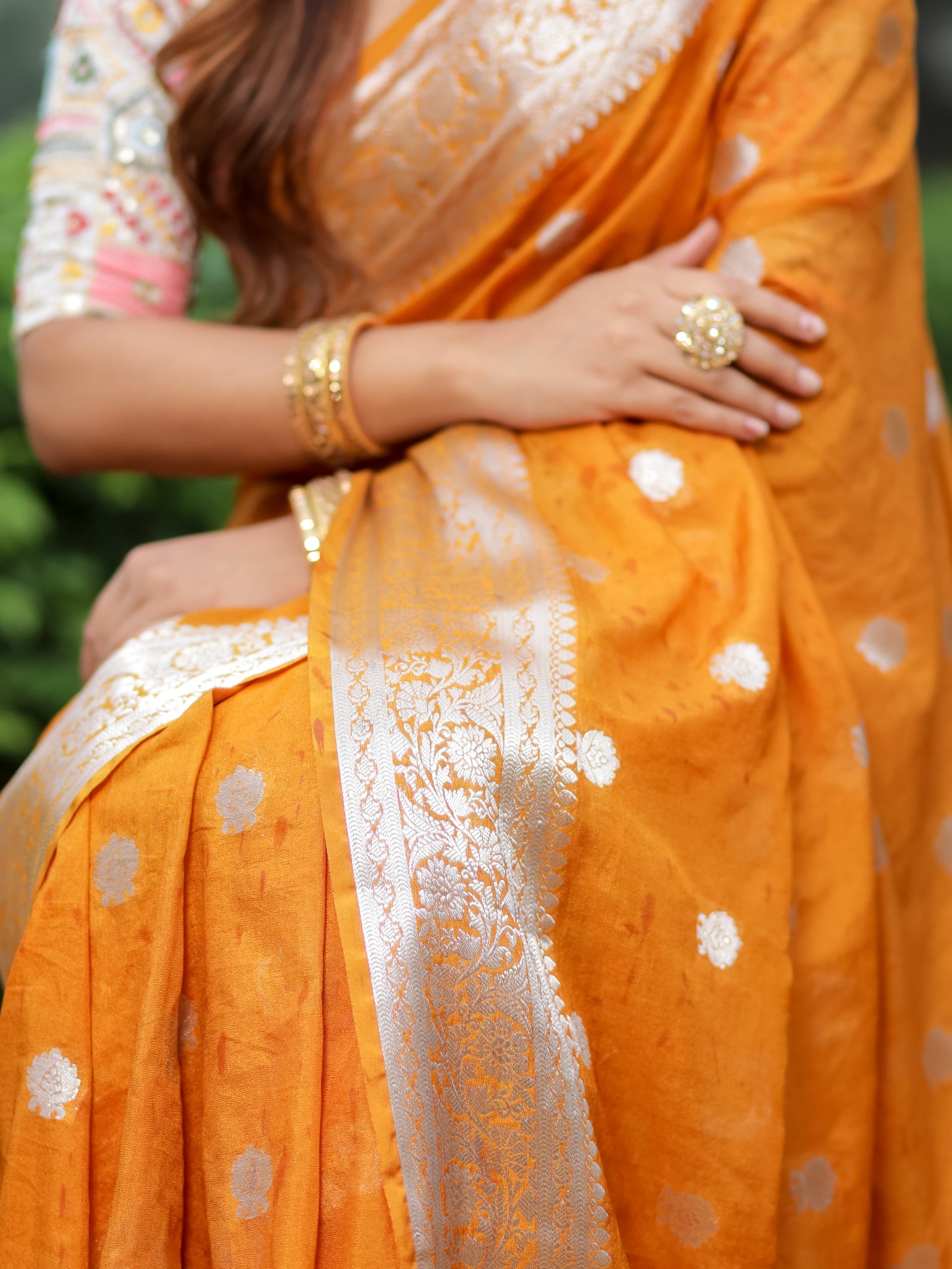 Banarasi  Semi Chiffon Saree Silver Zari Buti Weaving With Border- Yellow