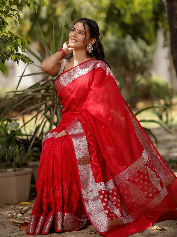 Banarasi Semi Silk Saree With Zari Border - Red
