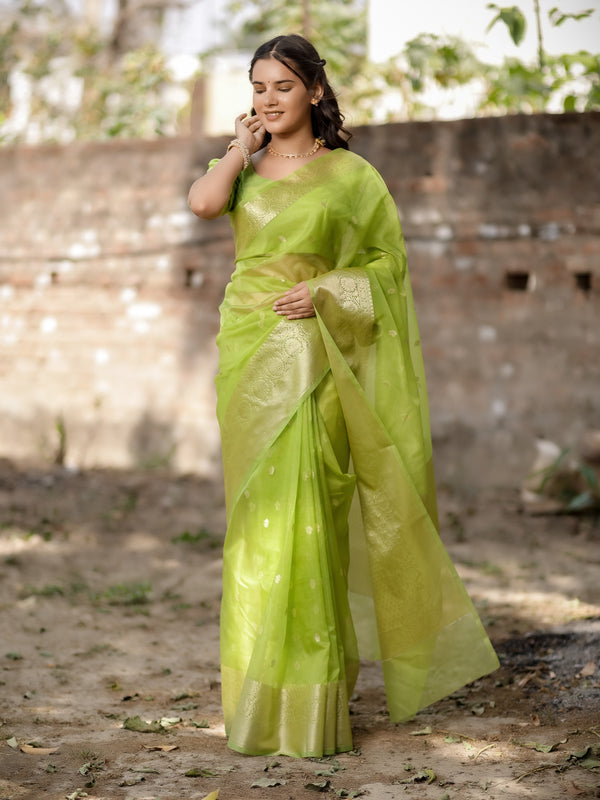 Banarasi Organza Mix Saree With Zari Weaving- Green