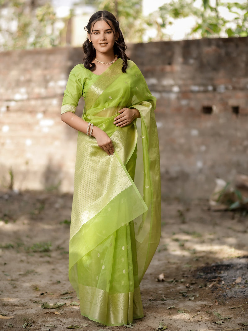 Banarasi Organza Mix Saree With Zari Weaving- Green