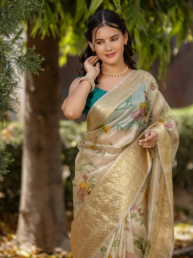 Banarasi Soft Tissue Saree With Zari Weaving & Skirt Border-Golden
