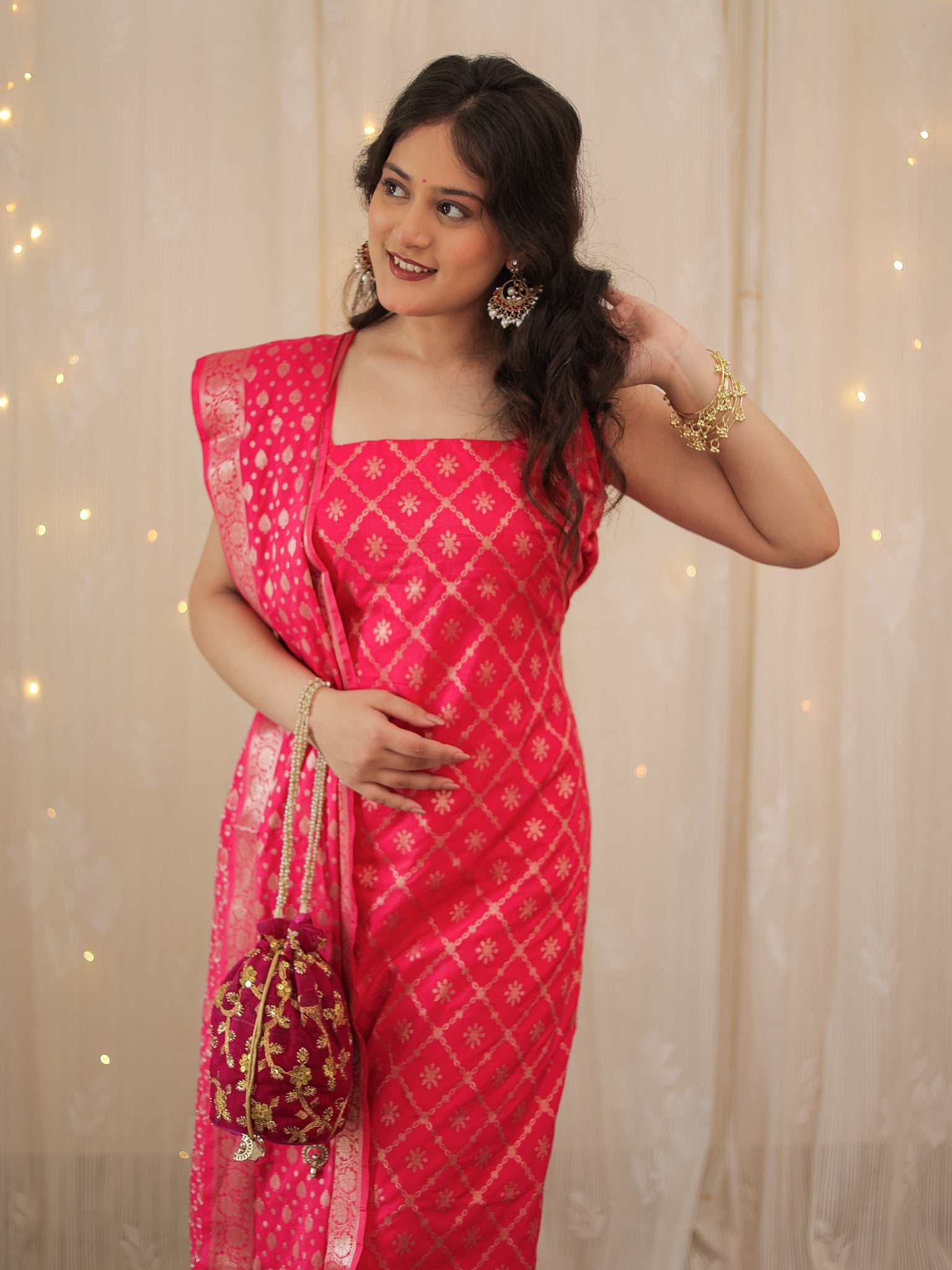 Readymade Banarasi Cotton SIlk Salwar Kameez with Dupatta- Magenta
