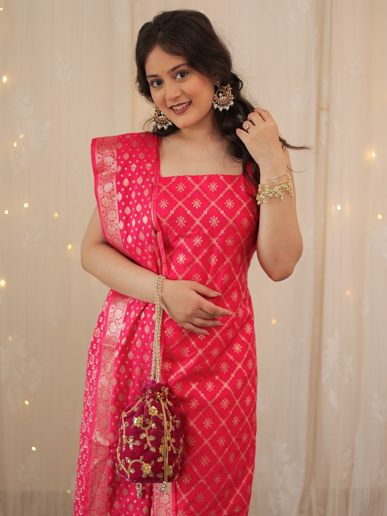 Readymade Banarasi Cotton SIlk Salwar Kameez with Dupatta- Magenta