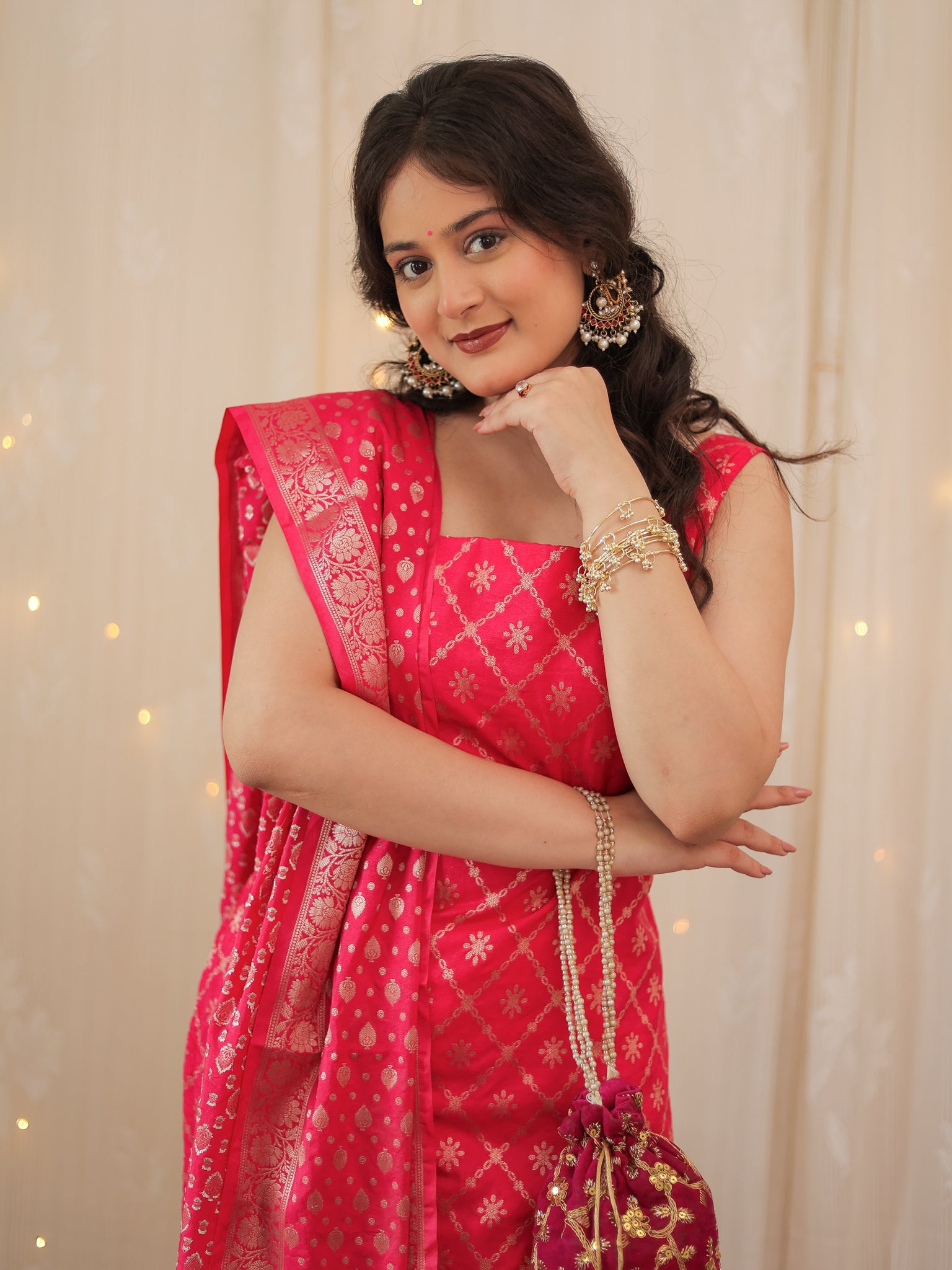 Readymade Banarasi Cotton SIlk Salwar Kameez with Dupatta- Magenta