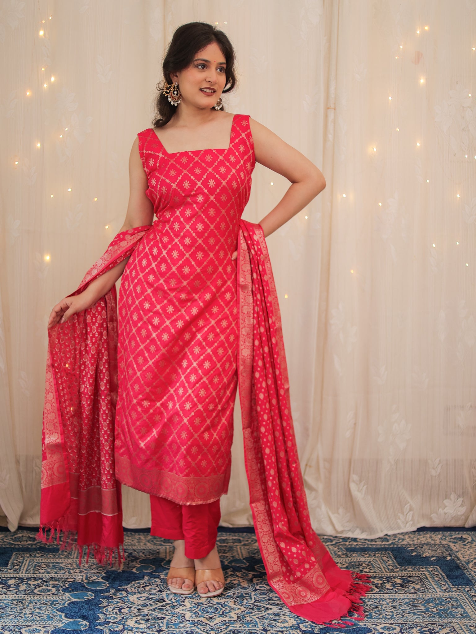 Readymade Banarasi Cotton SIlk Salwar Kameez with Dupatta- Magenta