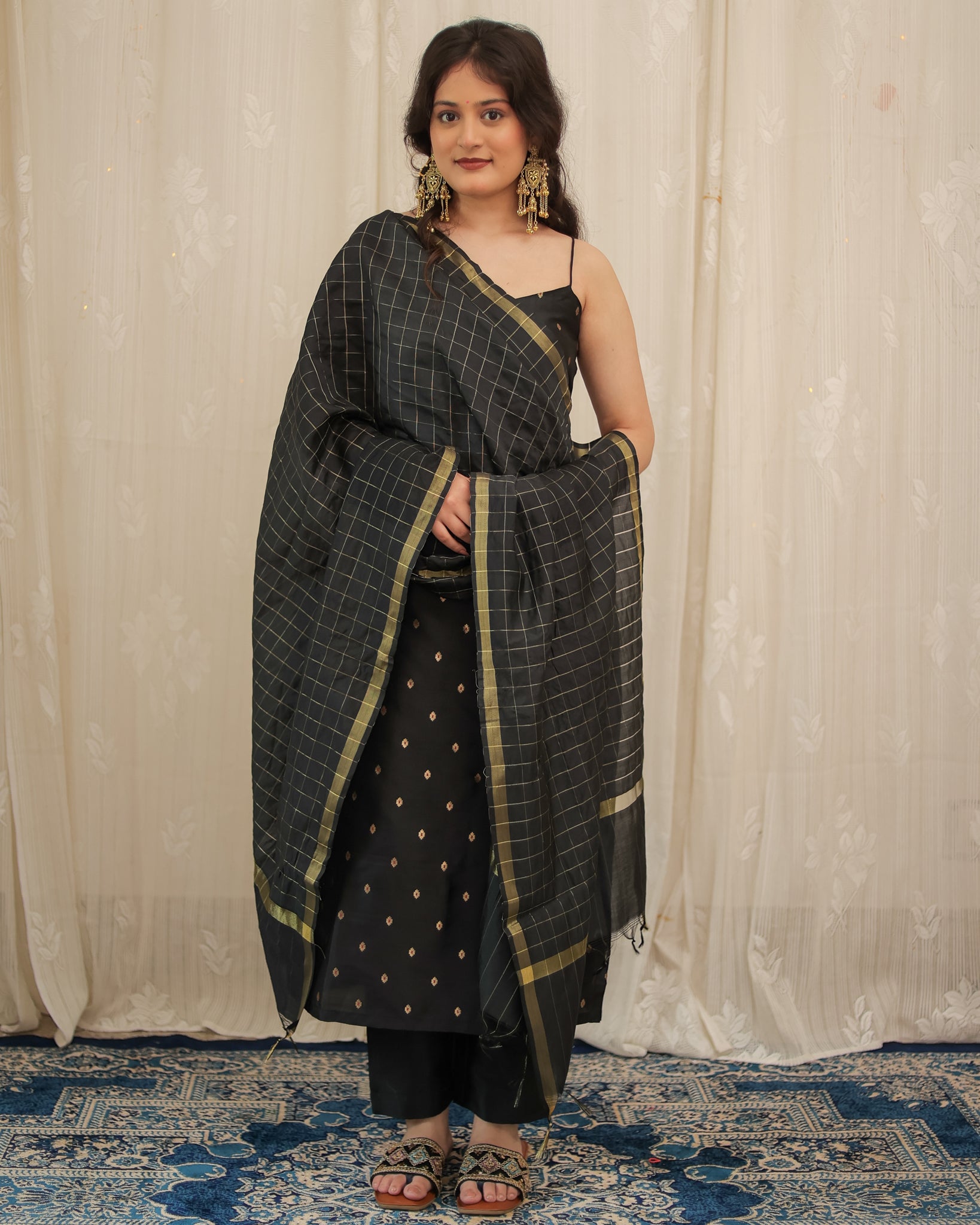 Readymade Banarasi Silk Salwar Kameez with Dupatta- Black