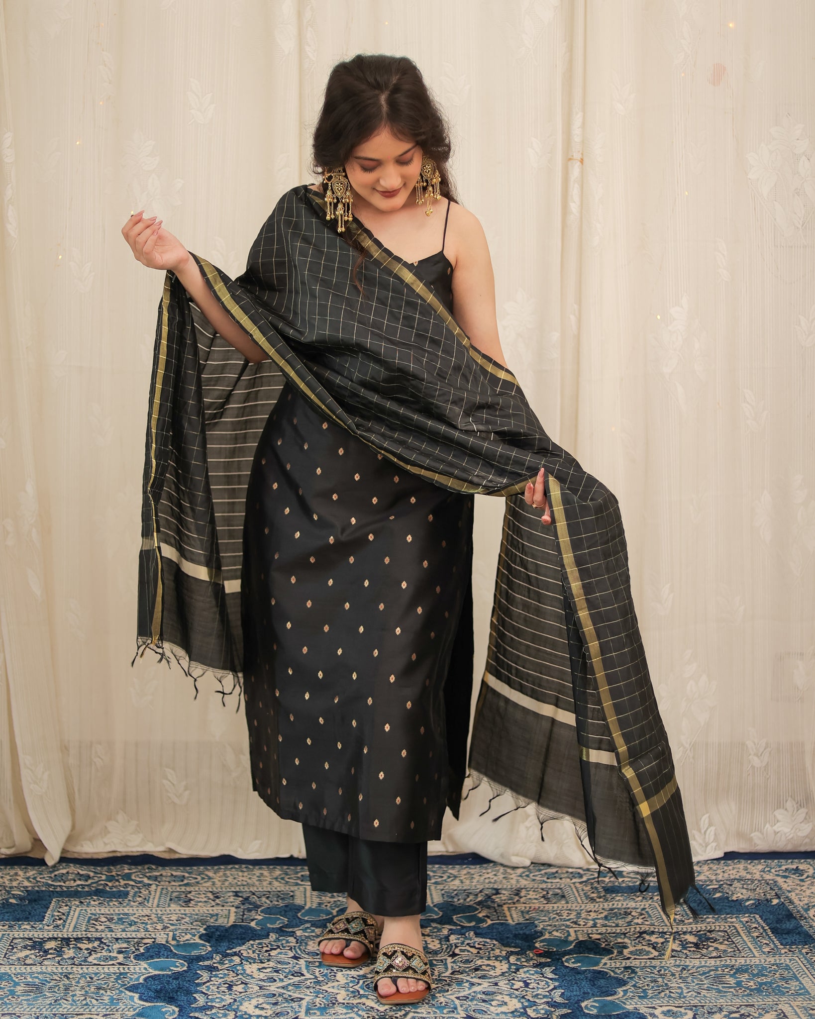 Readymade Banarasi Silk Salwar Kameez with Dupatta- Black
