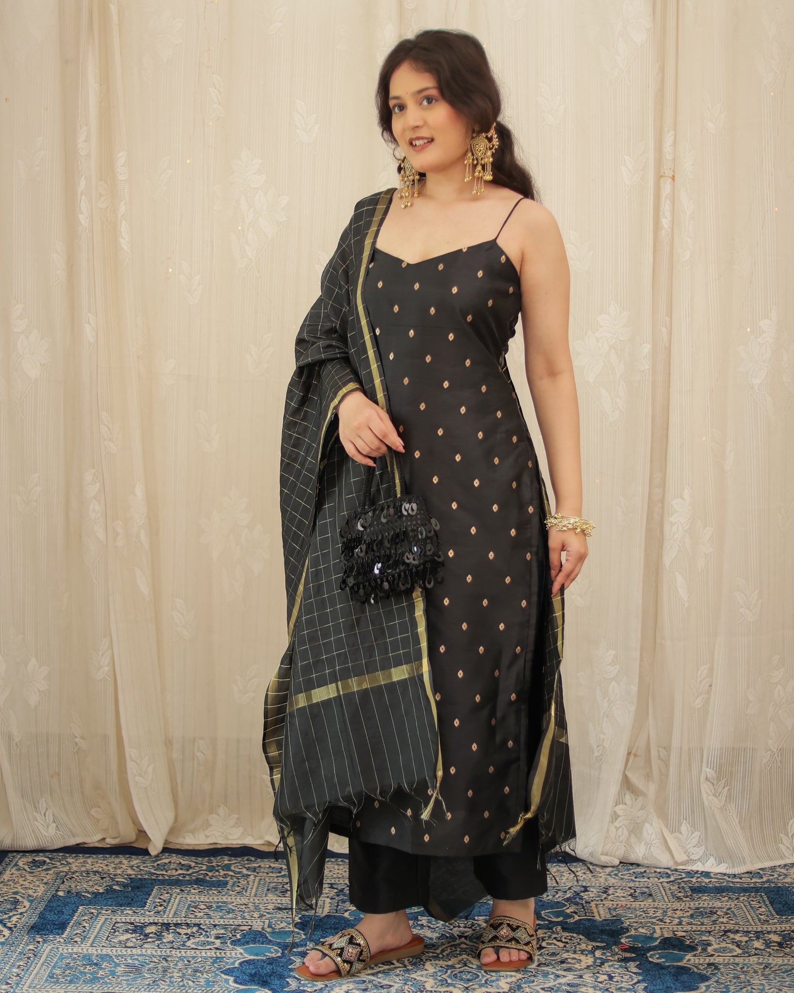 Readymade Banarasi Silk Salwar Kameez with Dupatta- Black