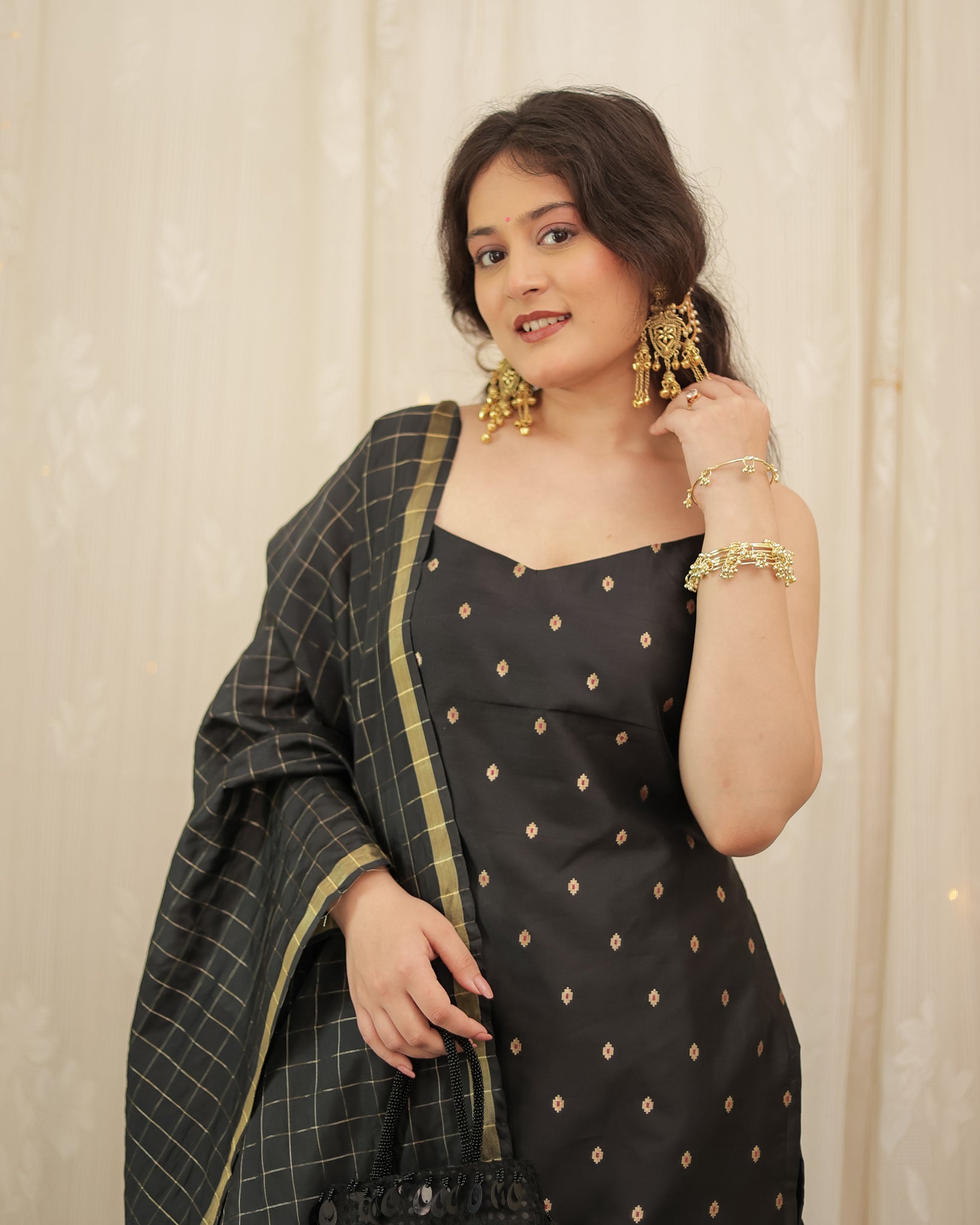 Readymade Banarasi Silk Salwar Kameez with Dupatta- Black