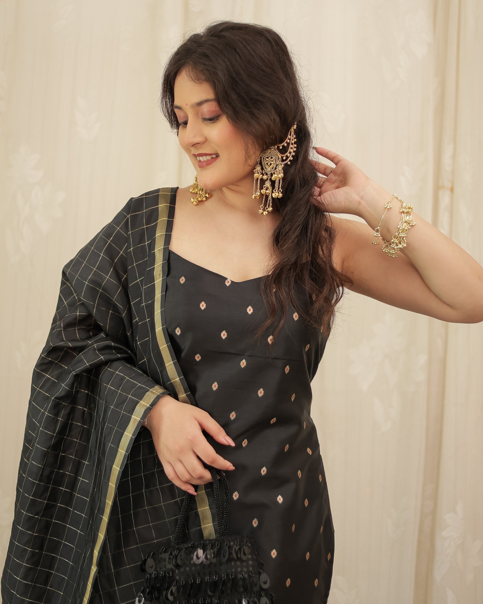 Readymade Banarasi Silk Salwar Kameez with Dupatta- Black